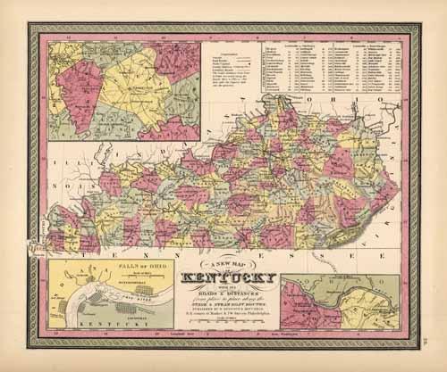 Kentucky with its Roads and Distances from place to place along the Stage and Steam Boat Routes (with inset maps of the Ohio Falls