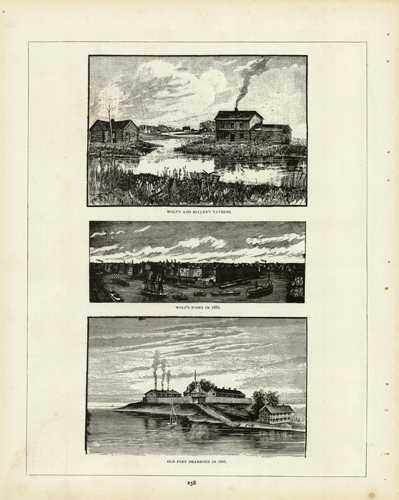 Wolfs and Miller's Taverns/Wolf's Point in 1870/Old Fort Dearborn in 1803 (1893 Chicago World's Fair)'