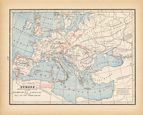 Europe Showing the General Direction of the Barbarian Inroads of the Fall of the Roman Empire Europe Showing the General Direction of the Barbarian Inroads of the Fall of the Roman Empire
