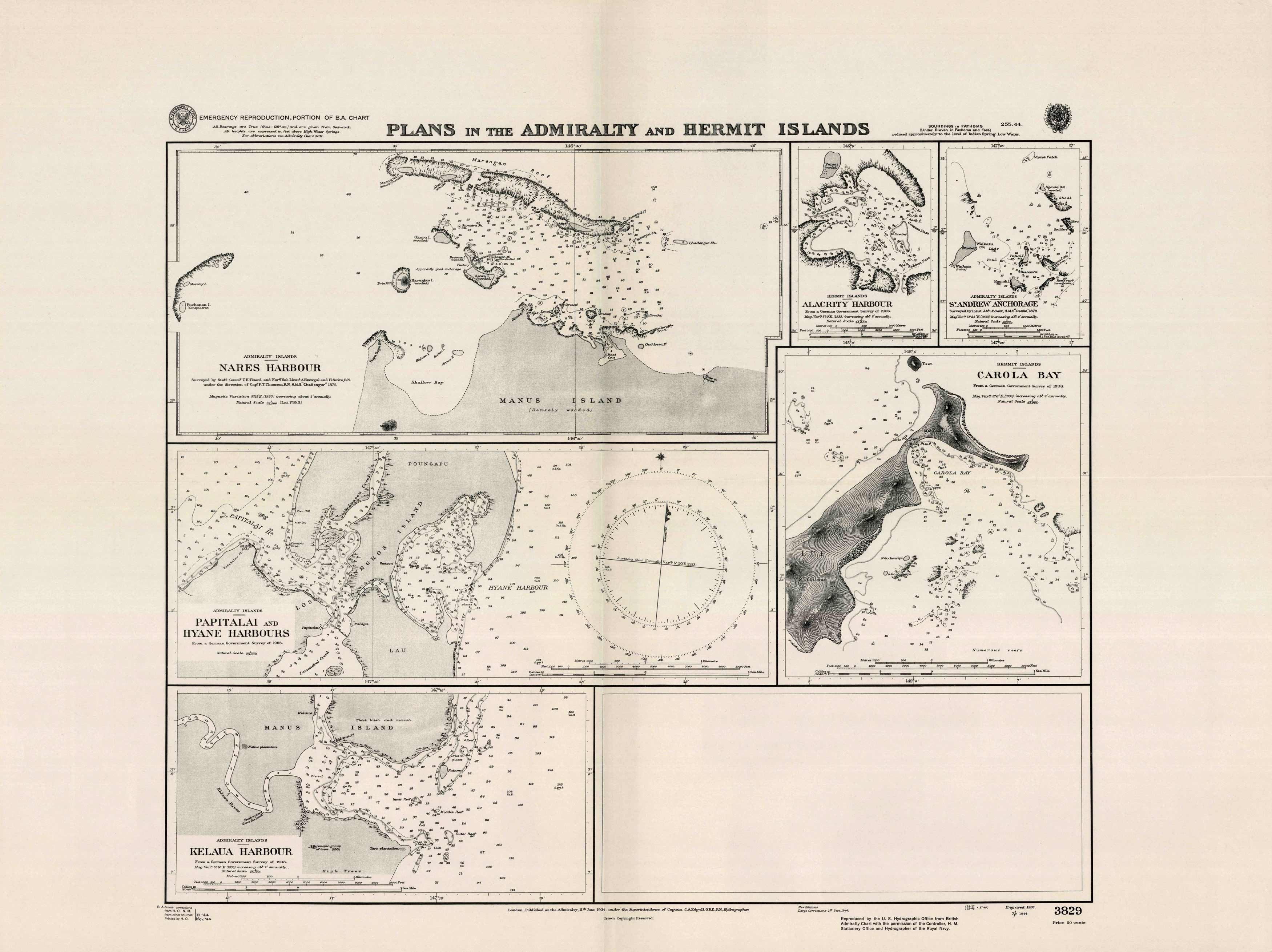 Plans in the Admiralty and Hermit Islands - Nares Harbour - Papitalai and Hyane Harbours - Kelaua Harbour - Alacrity Harbour - St. Andrew Anchorage - Carola Bay