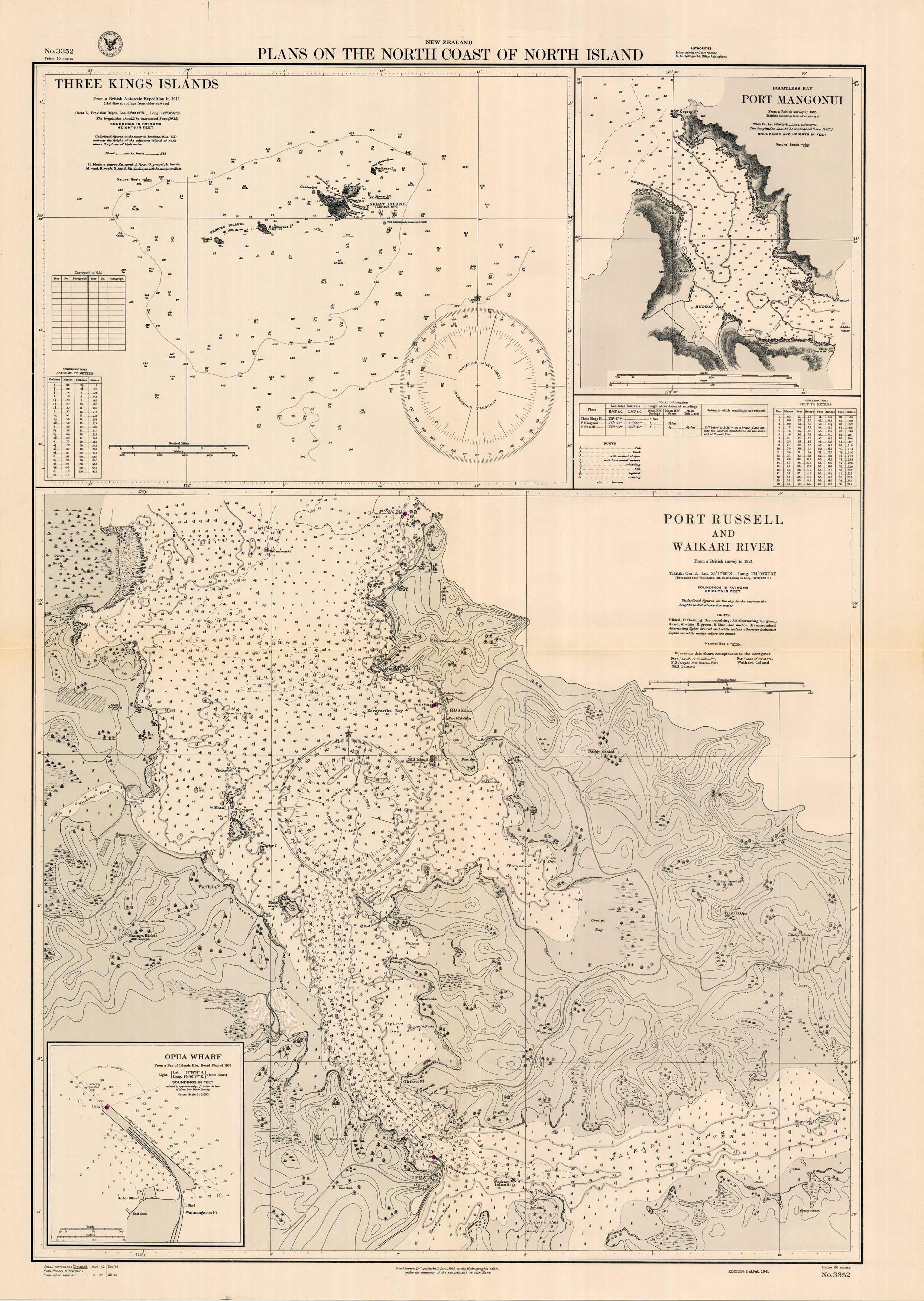 New Zealand - Plans on the North Coast of North Island - Port Mangonui Three Kings Islands - Port Russell and Waikari River - Opua Wharf