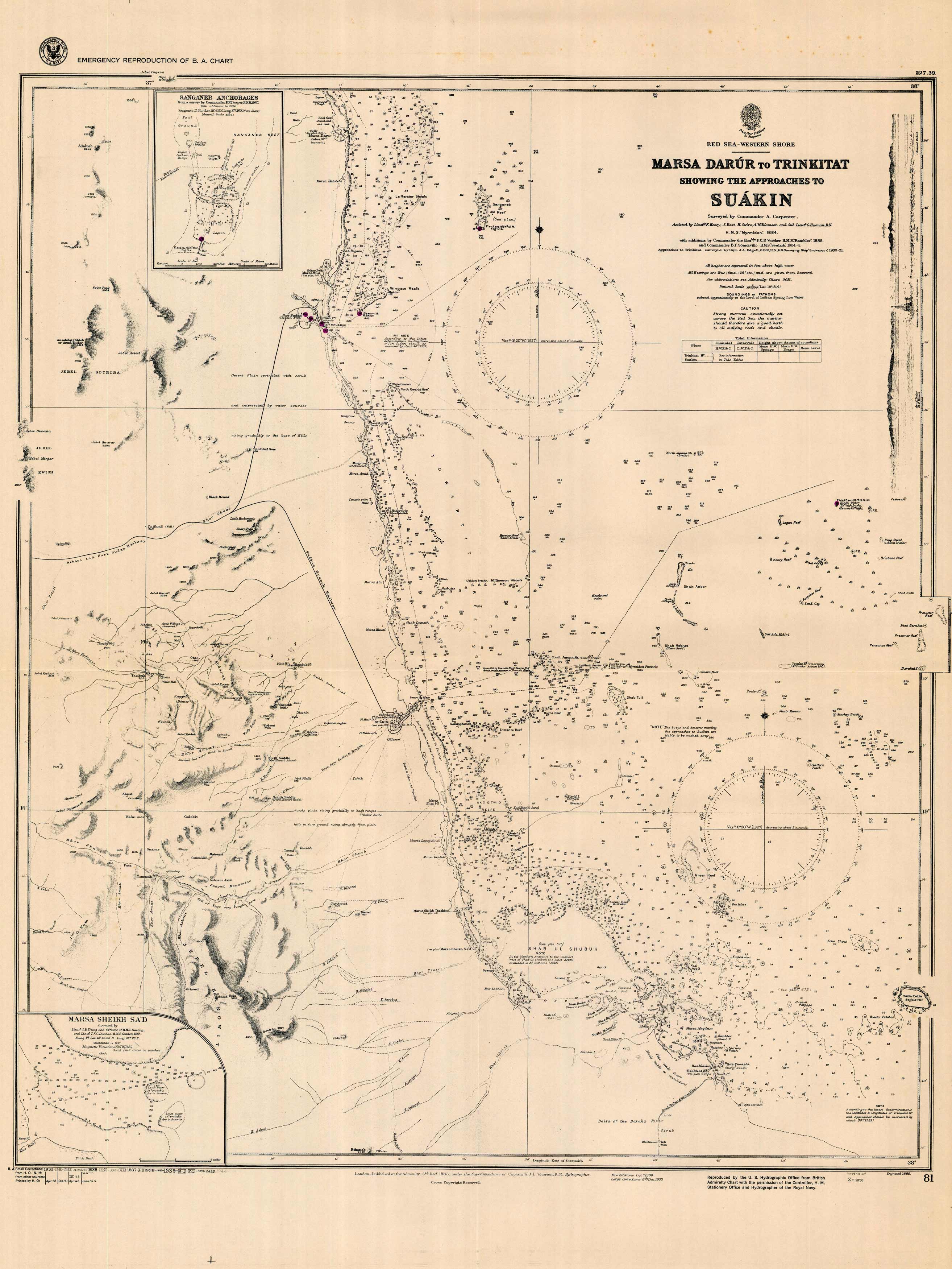 Red Sea - Marsa Darur to Trinkitat - Showing the Approaches to Suakin - Sanganeb Anchorages - Marsa Sheikh Sa'd'