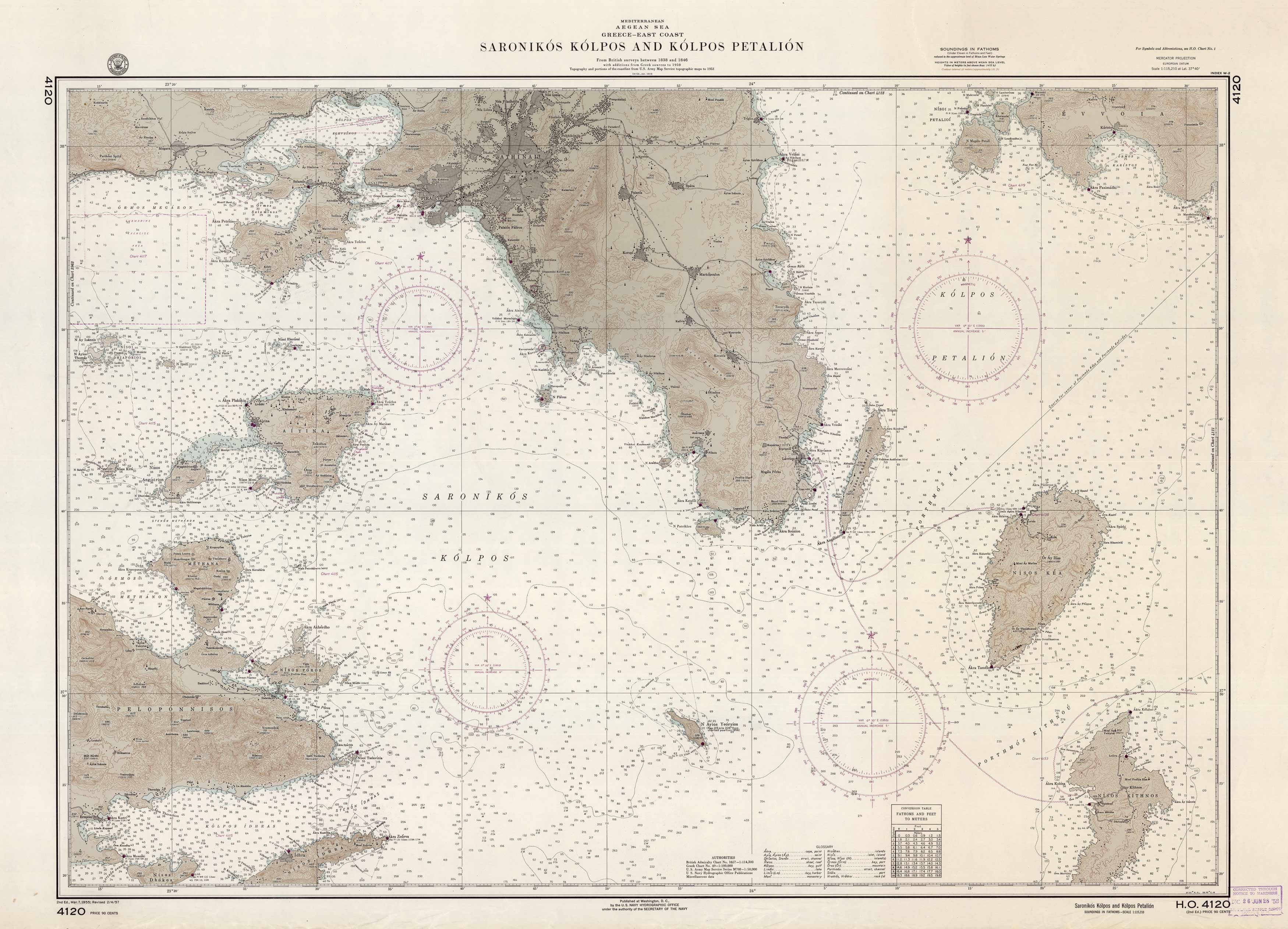 Mediterranean Aegean Sea- Greece- East Coast- Saronikos Kolpos and Kolpos Petalion- From British surveys between 1838 and 1846 with additions from Greek sources to 1950