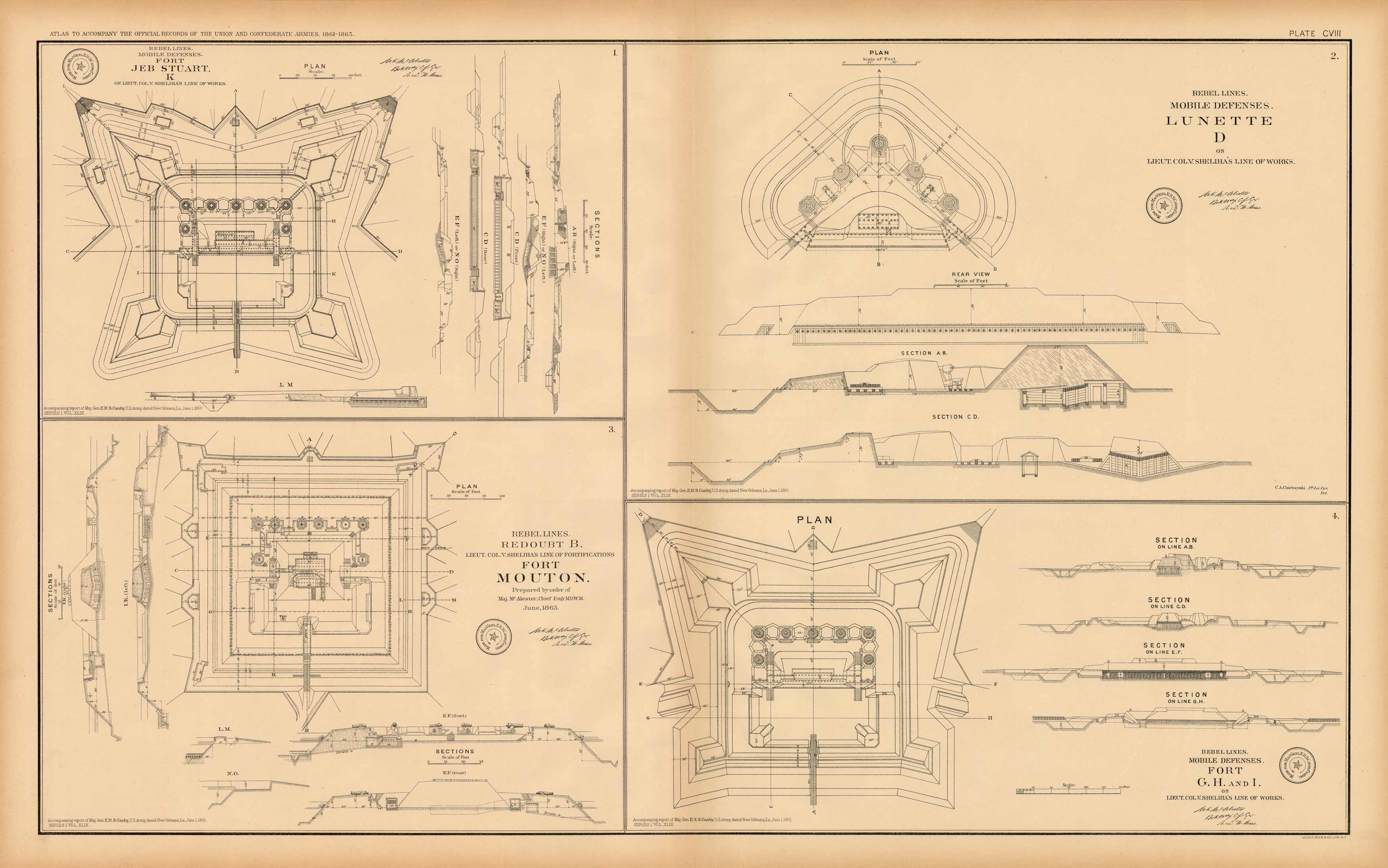 Civil War Atlas: Plate 108; Fort Jeb. Stuart K; Mobile Defenses Lunette D; Mouton; G.H. and I.