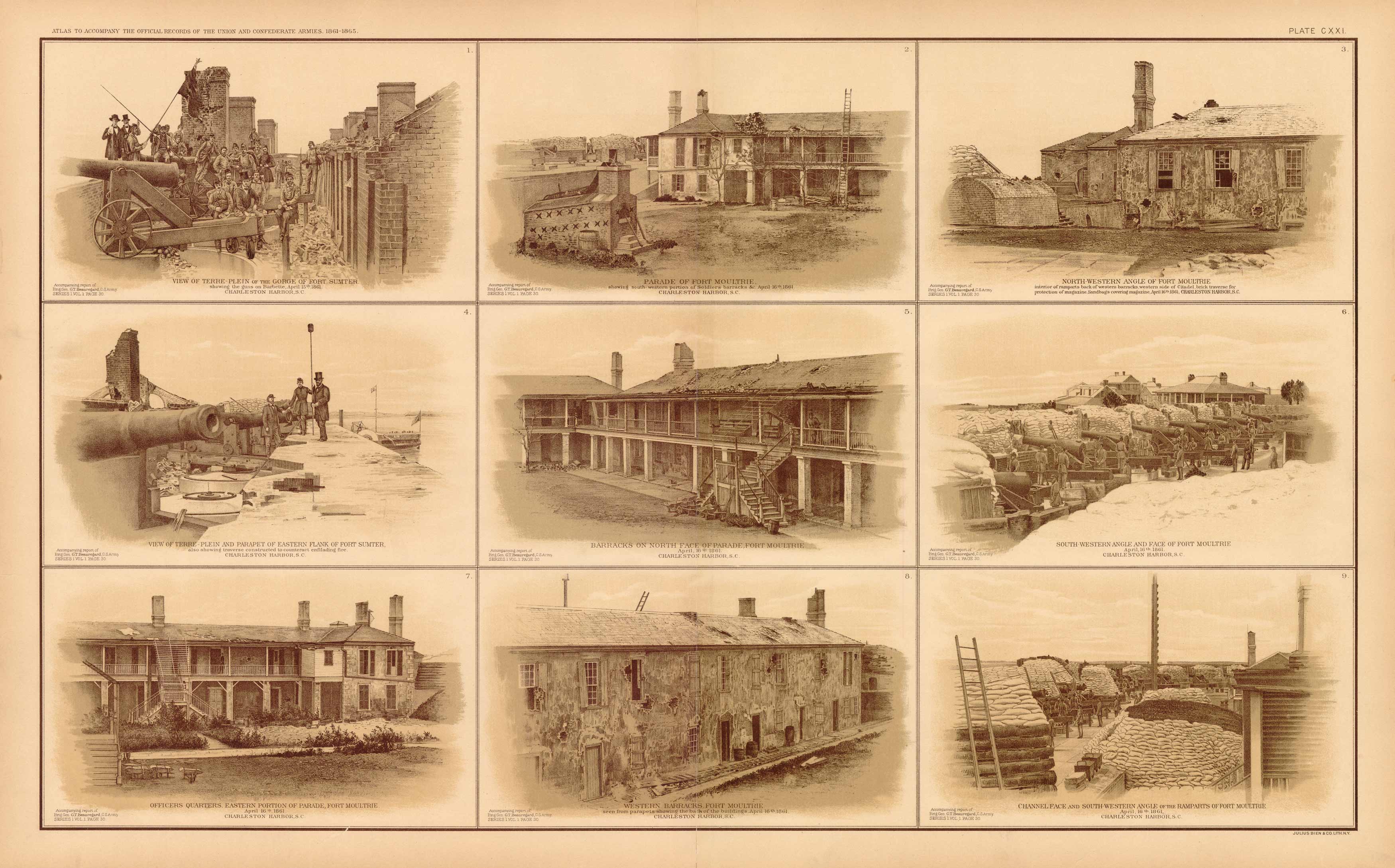 Civil War Atlas: Plate 121; 9 Photographic Views of Forts: Sumter and Moultrie charleston