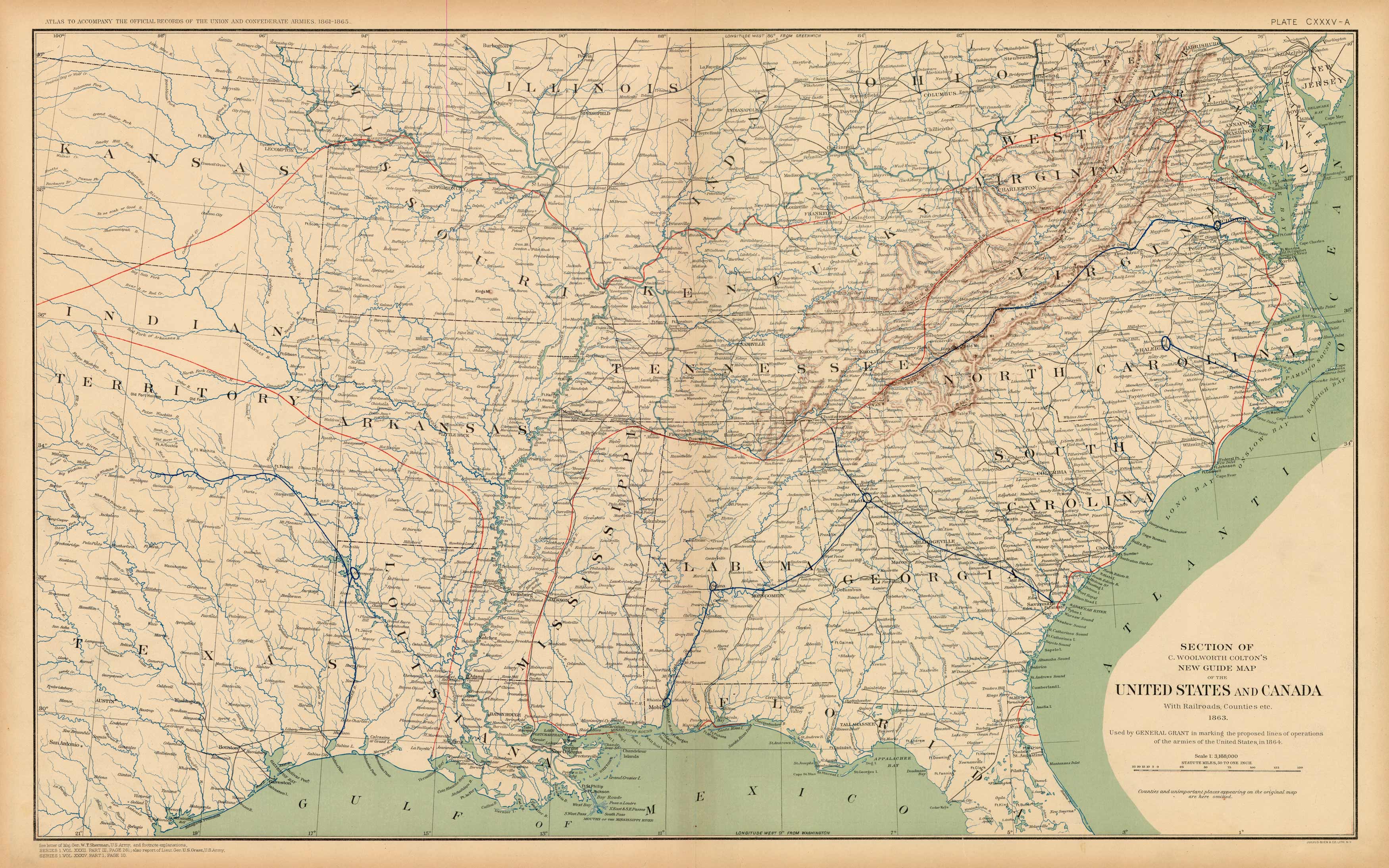 Civil War Atlas: Plate 135-a; Section of Coltons New Guide Map of the United States and Canada'