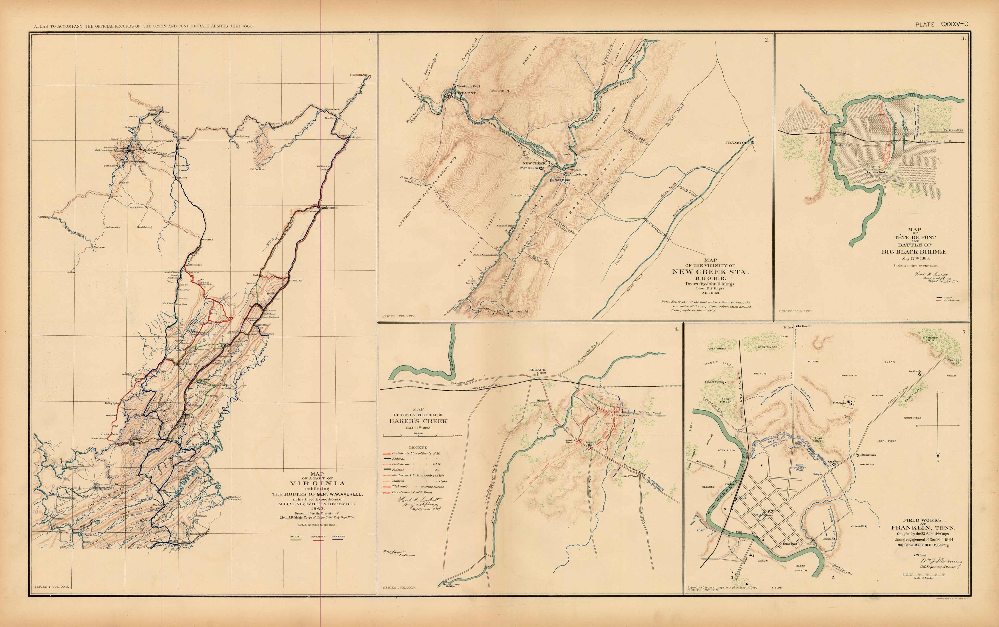 Civil War Atlas: Plate 135-c; Map of Virginia; New Creek; Big Black Bridge; Bakers Creek; Fraklin'
