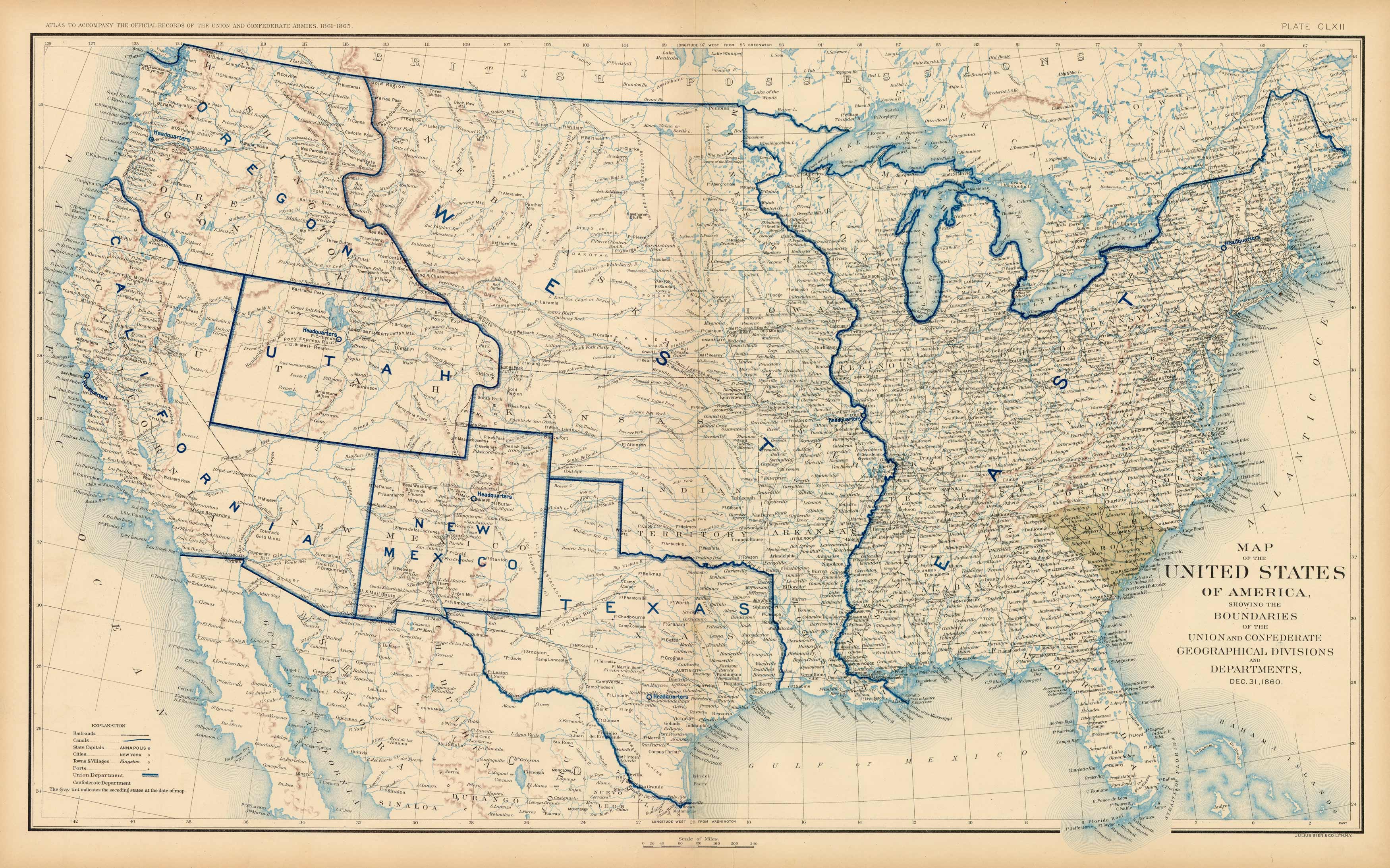 Civil War Atlas; Plate 162; Map of the United States of America Showing the Boundaries of the Union and Confederate Geographical Divisions and Departments