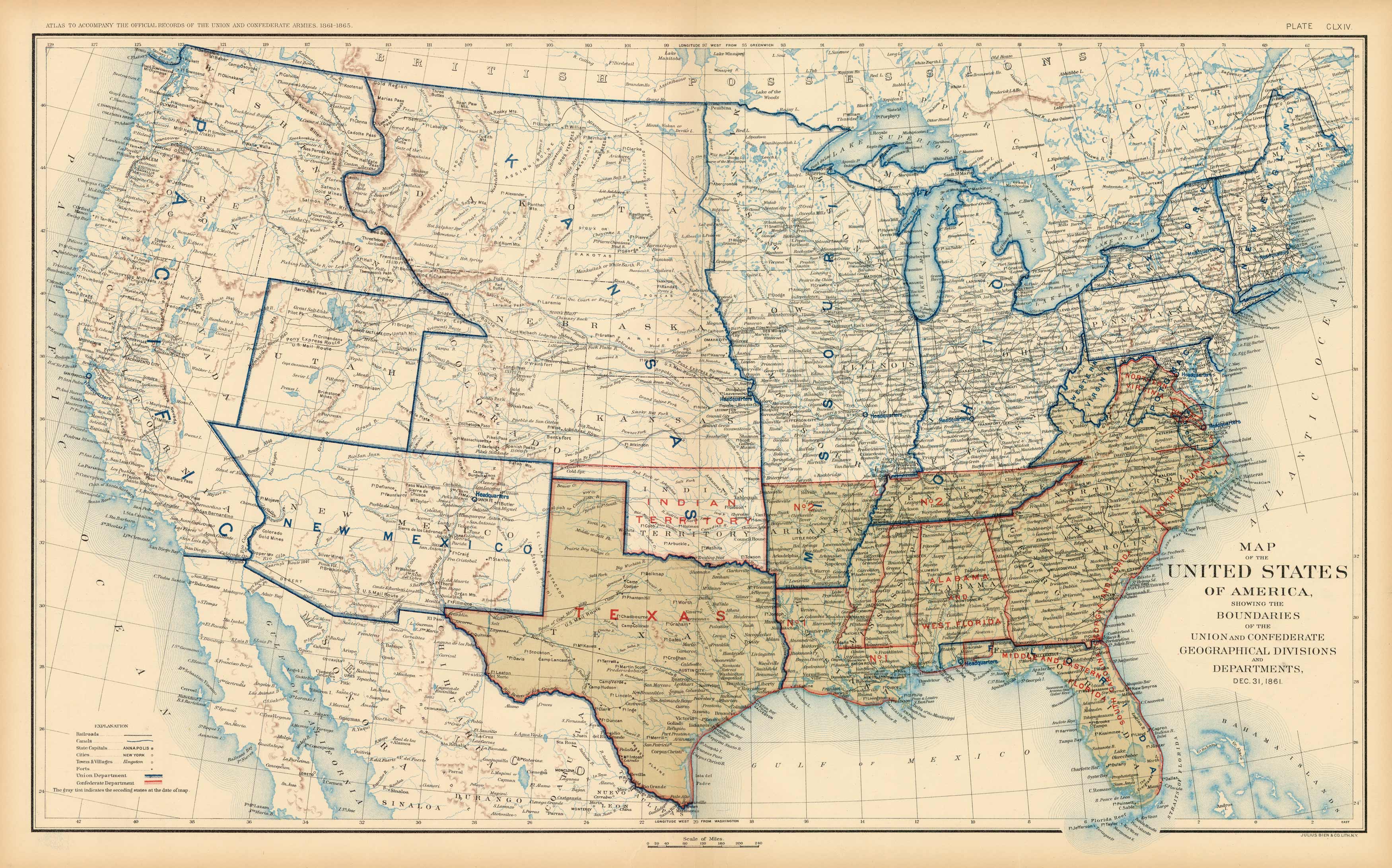 Civil War Atlas; Plate 164; Map of the United States of America Showing the Boundaries of the Union and Confederate Geographical Divisions and Departments