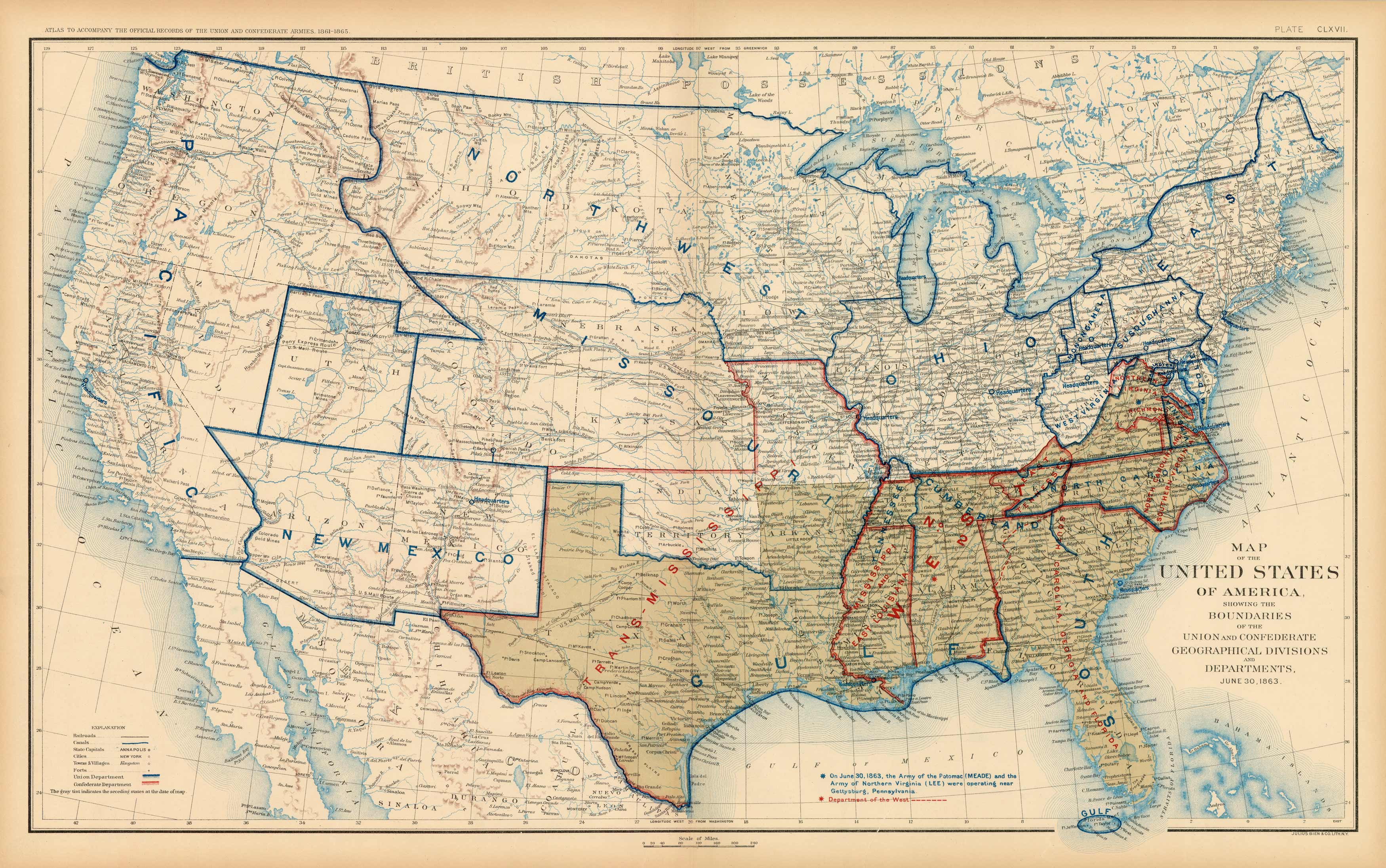 Civil War Atlas; Plate 167; Map of the United States of America Showing the Boundaries of the Union and Confederate Geographical Divisions and Departments Civil War Atlas; Plate 167; Map of the United States of America Showing the Boundaries of the Union and Confederate Geographical Divisions and Departments