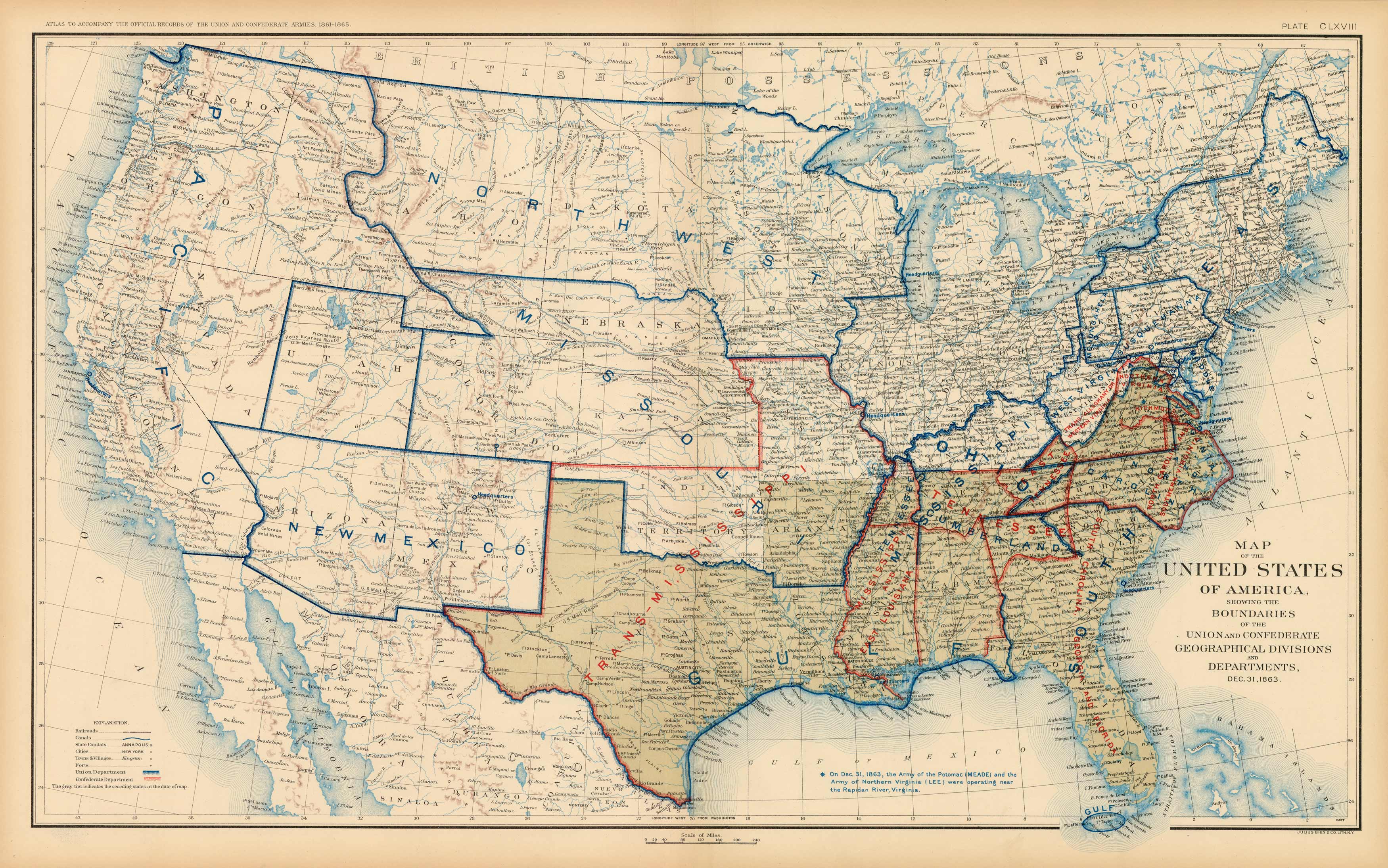 Civil War Atlas; Plate 168; Map of the United States of America Showing the Boundaries of the Union and Confederate Geographical Divisions and Departments Civil War Atlas; Plate 168; Map of the United States of America Showing the Boundaries of the Union and Confederate Geographical Divisions and Departments