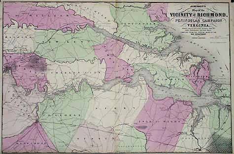 Johnsons map of the Vicinity of Richmond and Peninsular Campaign in Virginia--Showing also the interesting localities along the James