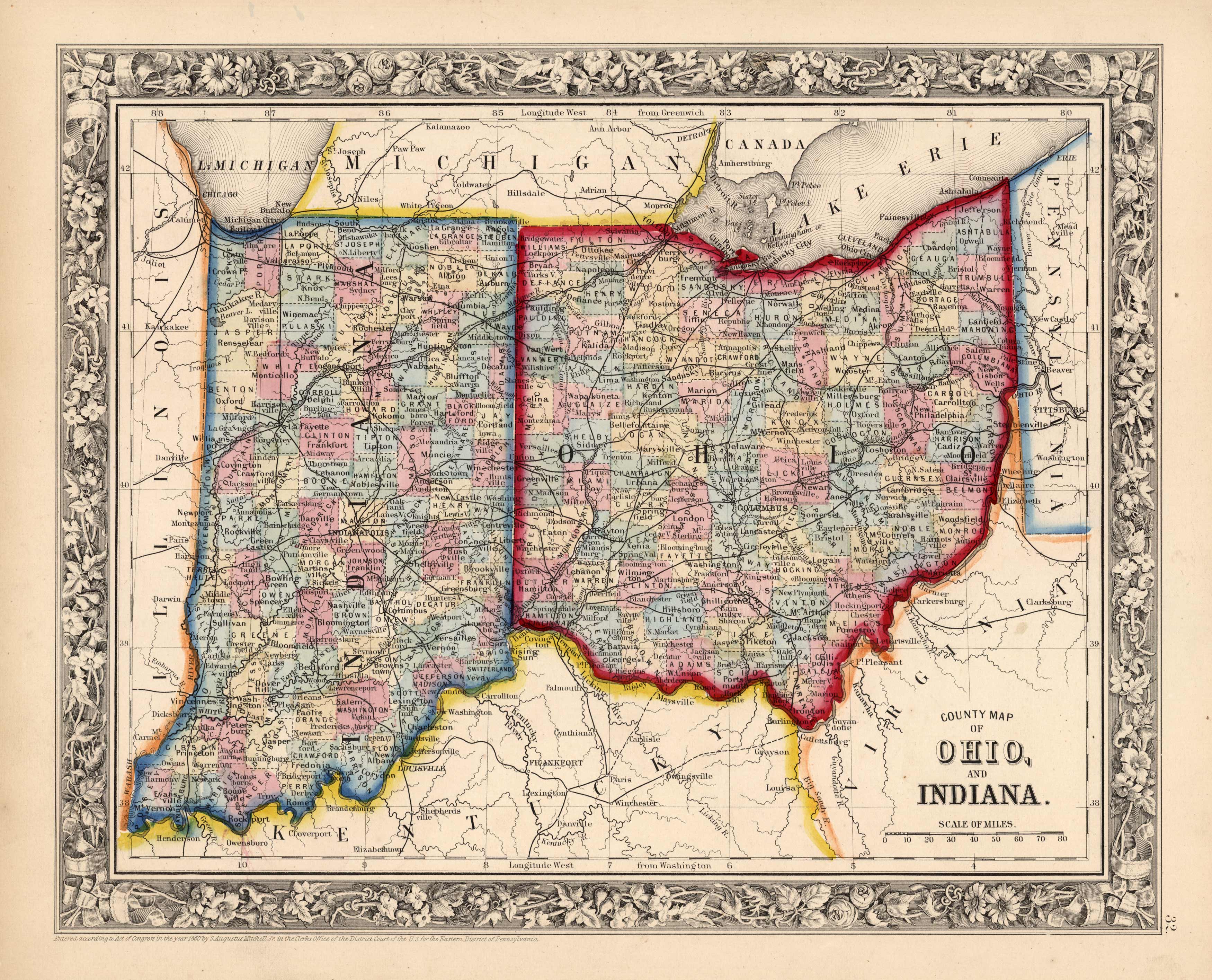 County Map of Ohio and Indiana