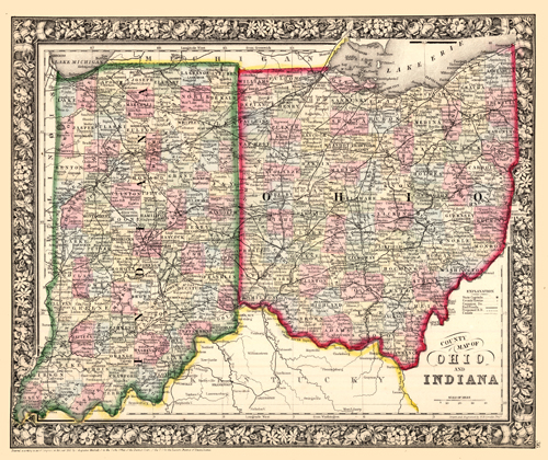 County Map of Ohio and Indiana