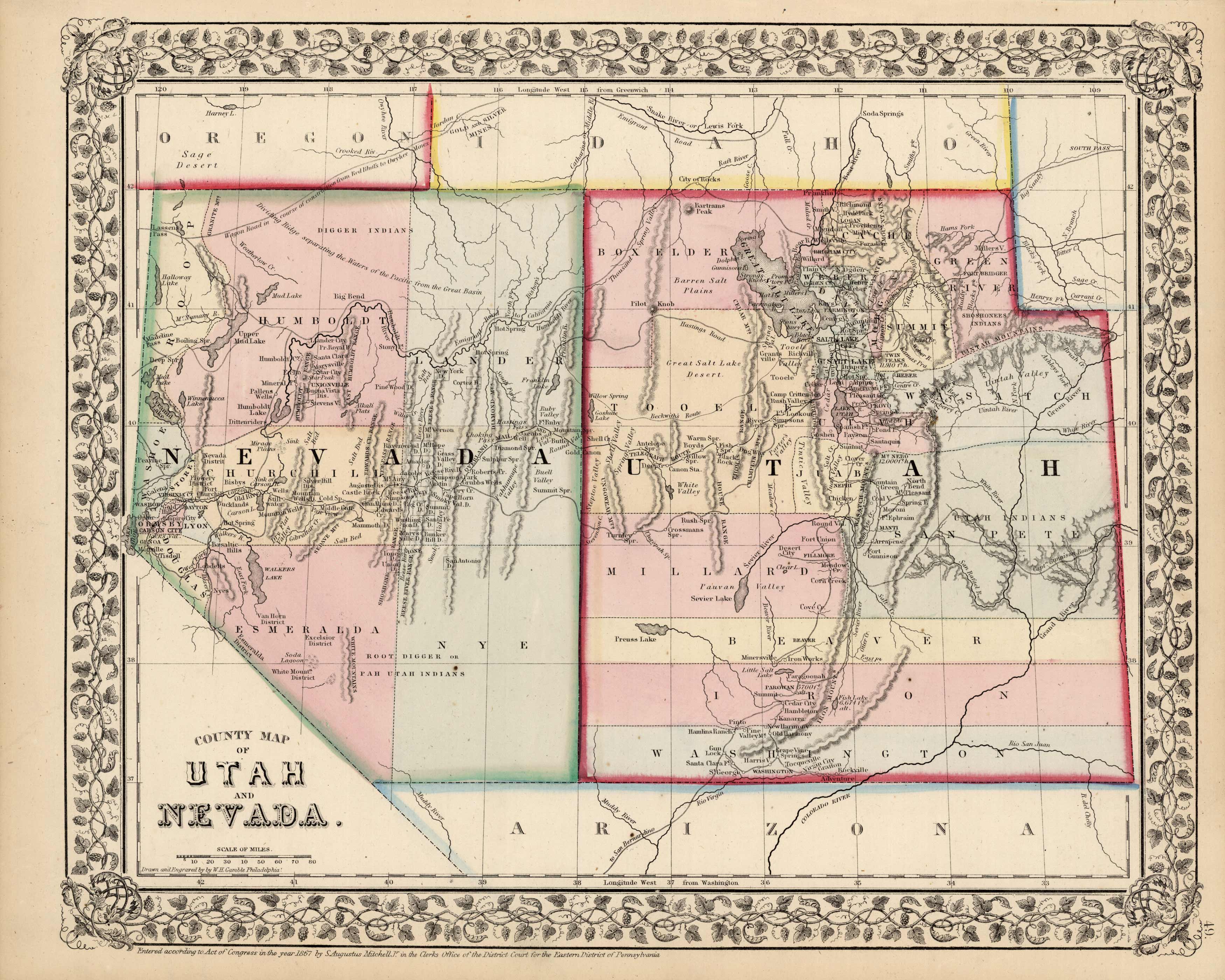 County Map of Utah and Nevada
