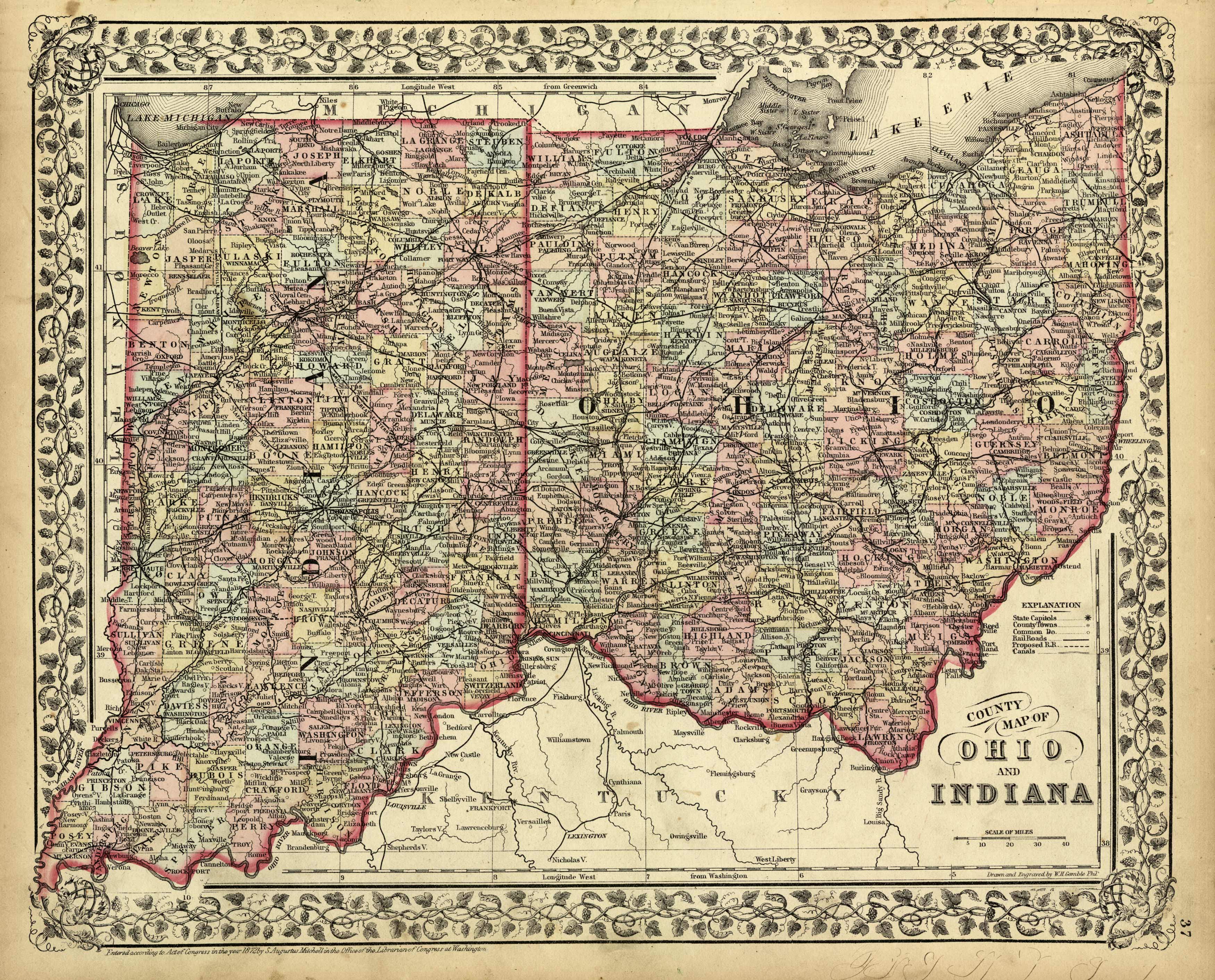 County Map of Ohio and Indiana