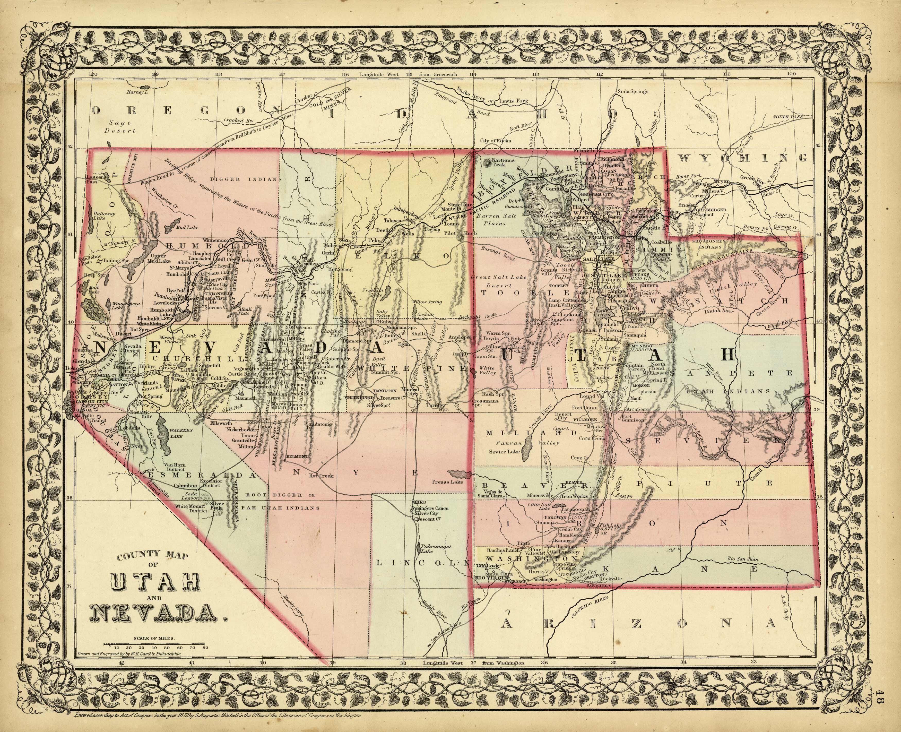 County Map of Utah and Nevada