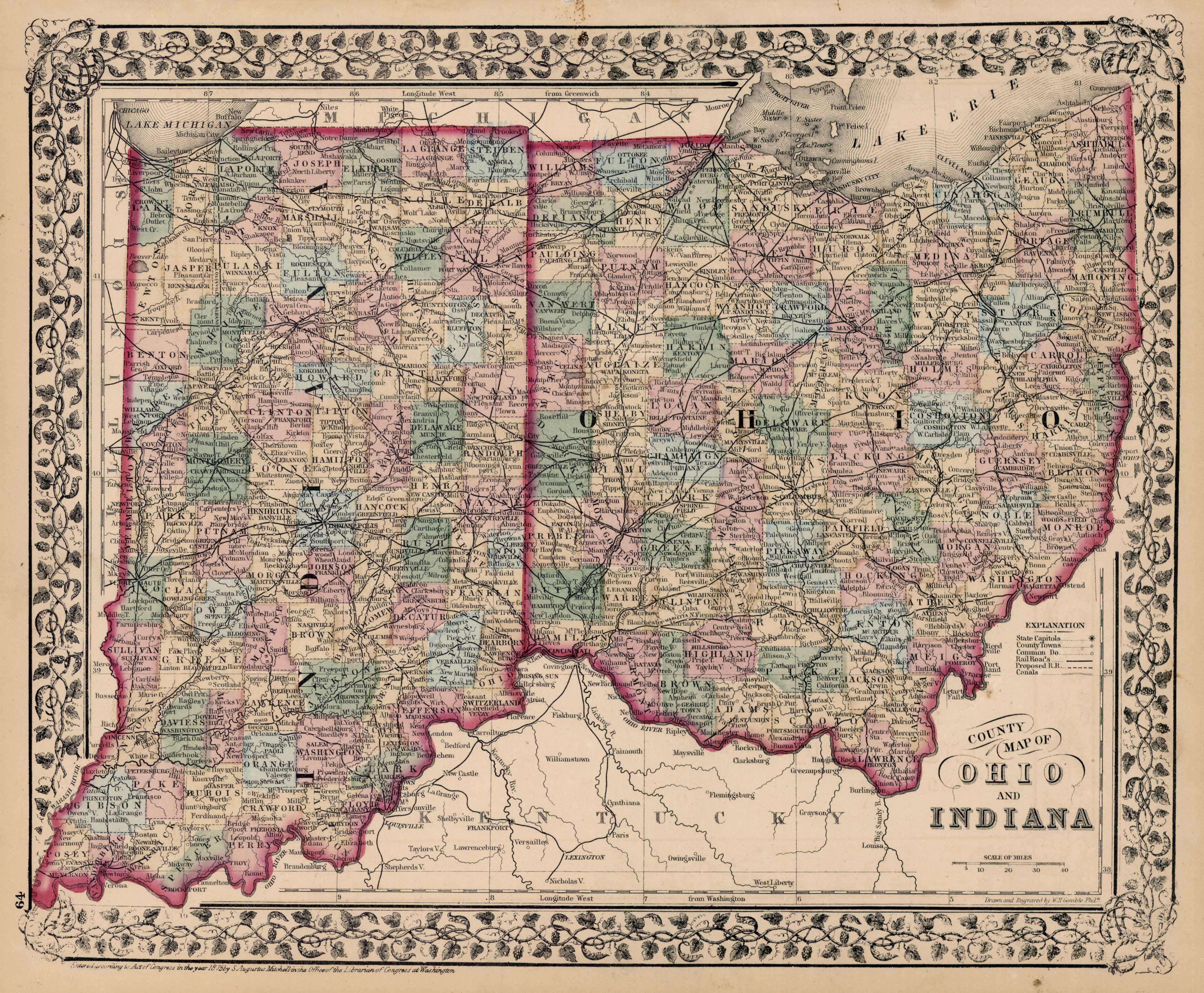 County Map of Ohio and Indiana