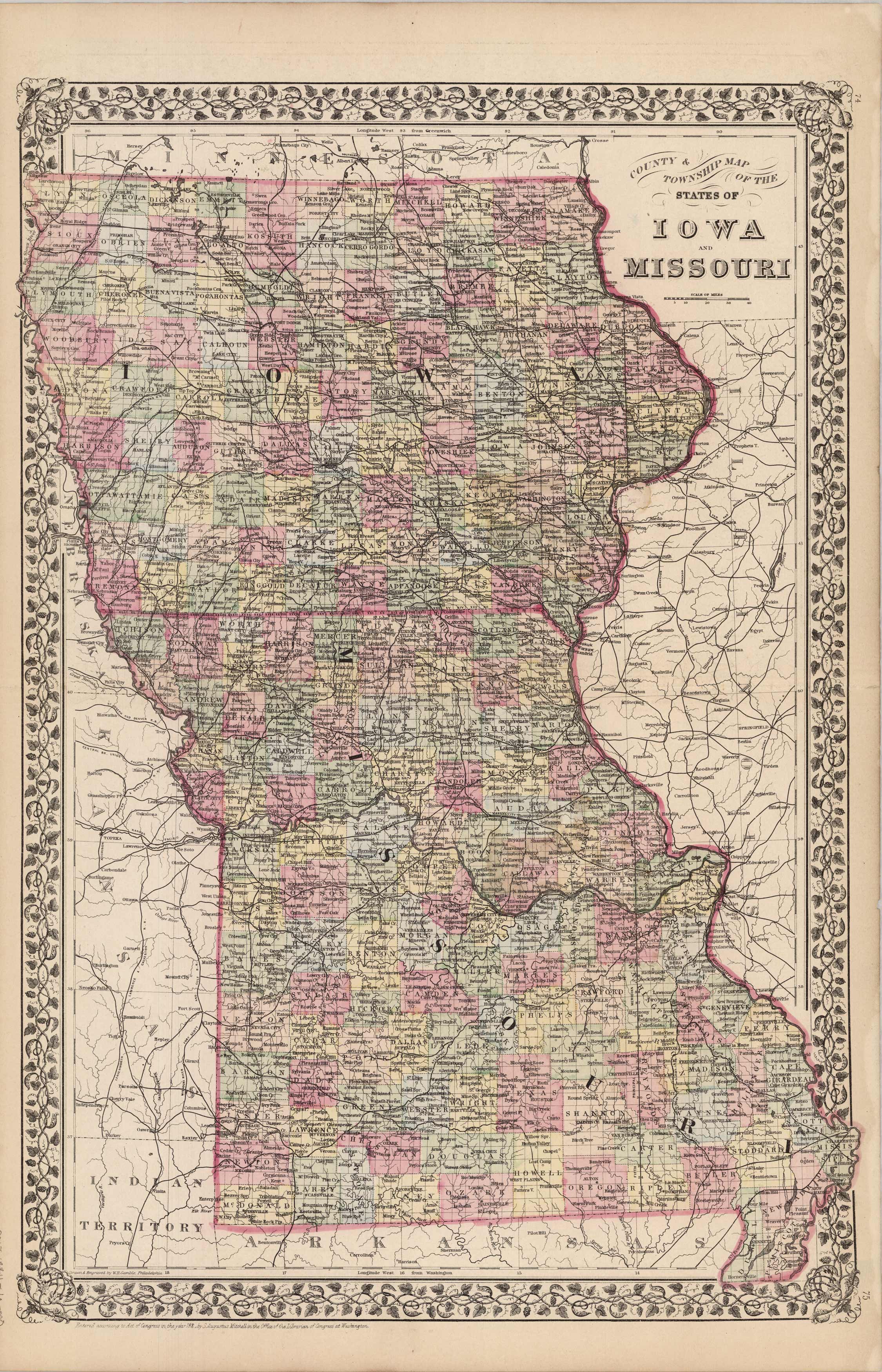 County & Township Map of the States of Iowa and Missouri