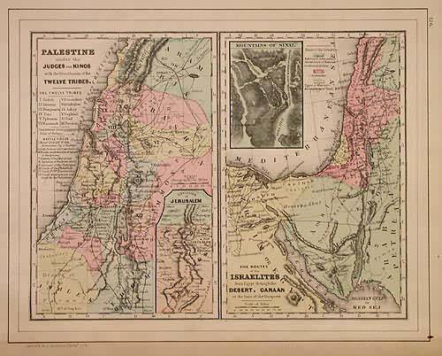 Palestine Under the Judges and Kings with the Distribution of the Twelve Tribes. The Routes of the Israelites from Egypt through the Desert