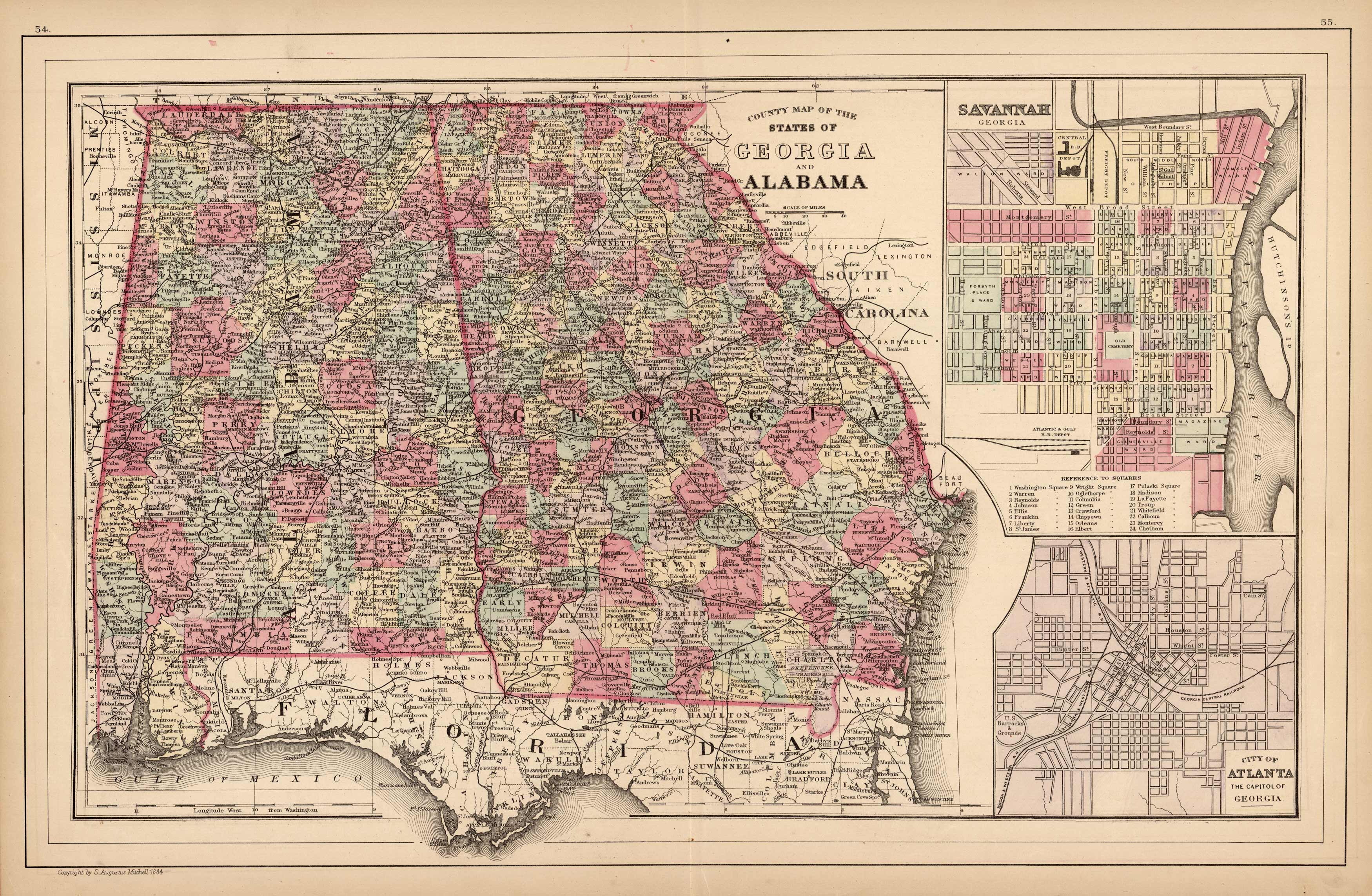County Map of the States of Georgia and Alabama