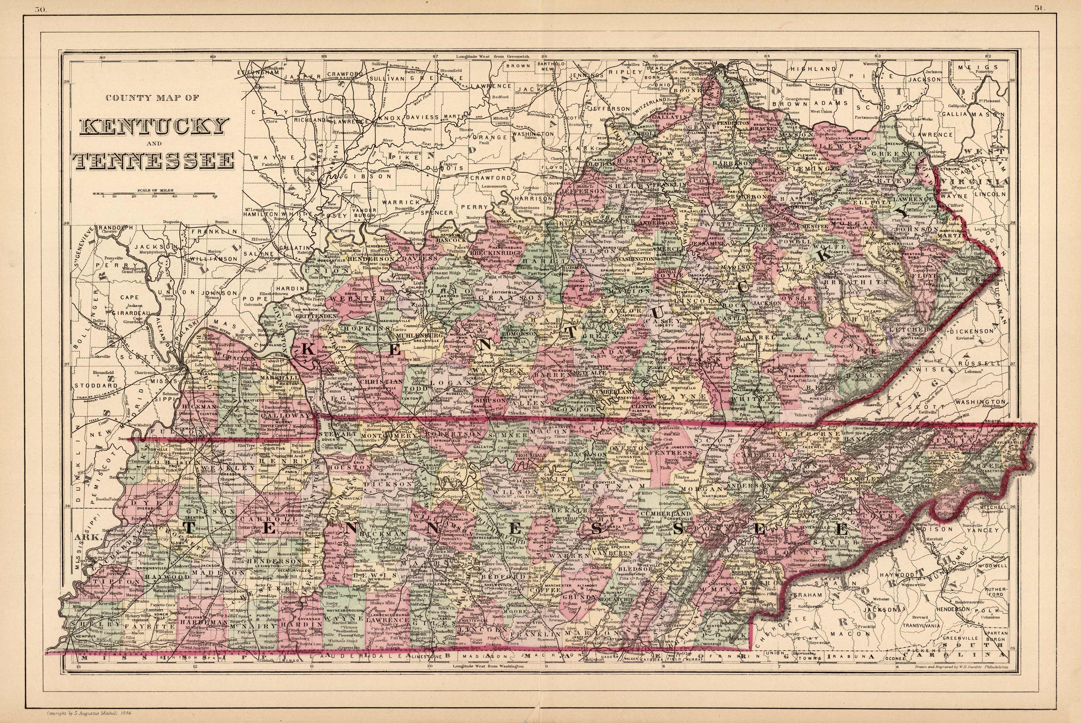 County Map of Kentucky and Tennessee