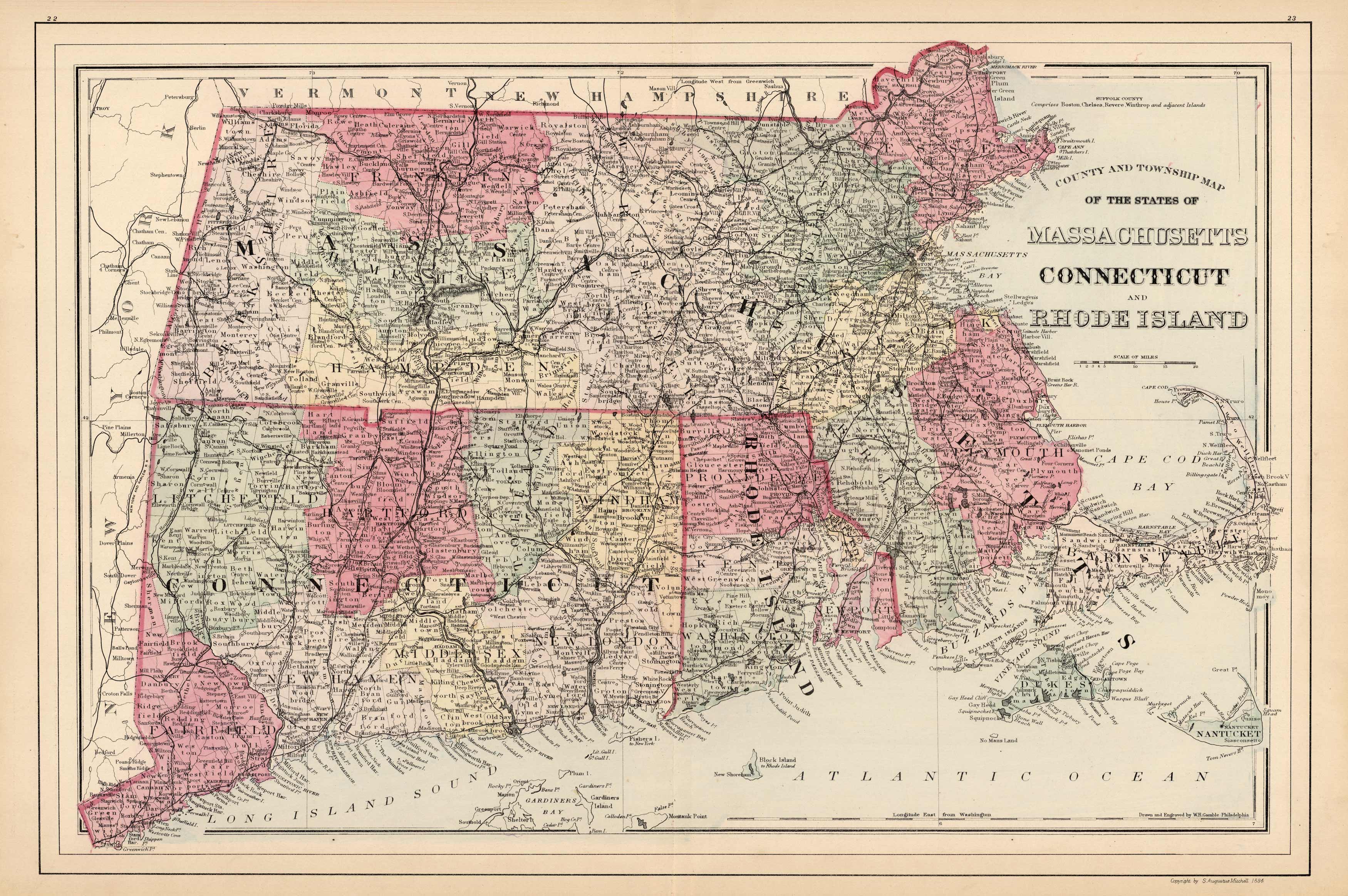 County and Township Map of the States of Massachusetts