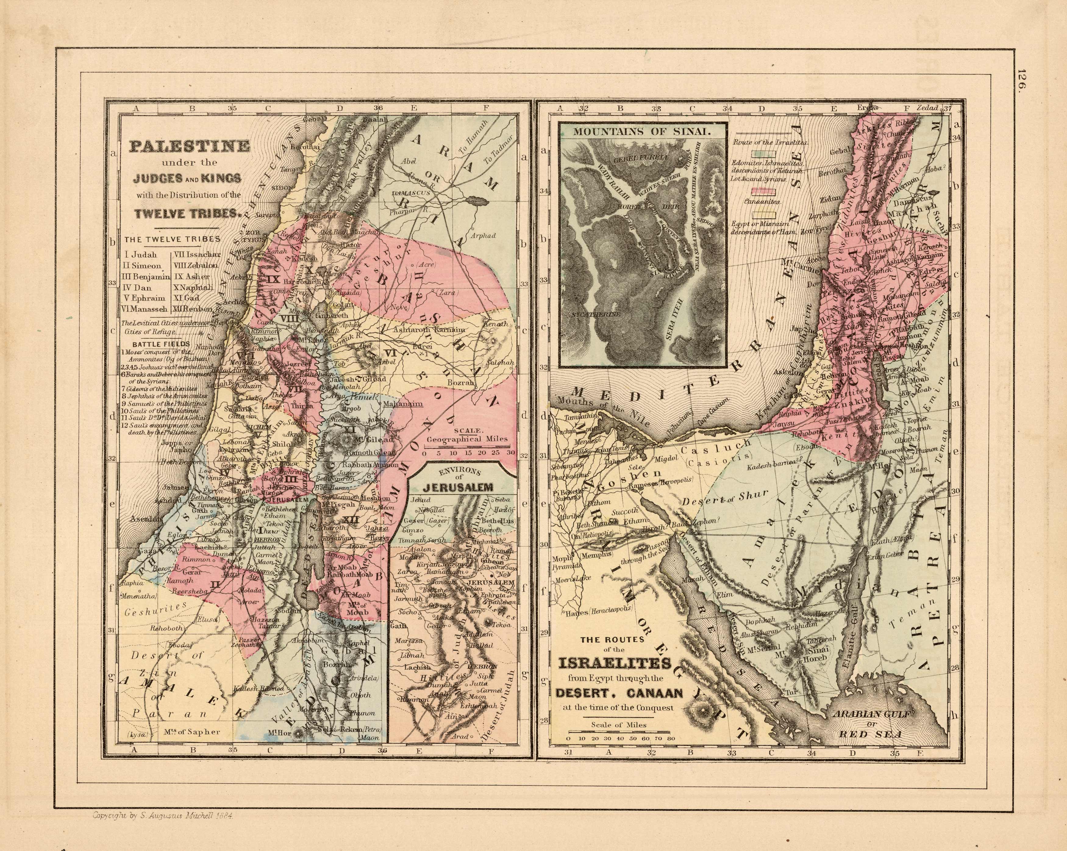Palestine under the Judges and Kings with the Distribution of the Twelve Tribes and The Routes of the Israelites from Egypt Through the Desert. Canaan at the Time of the Conquest
