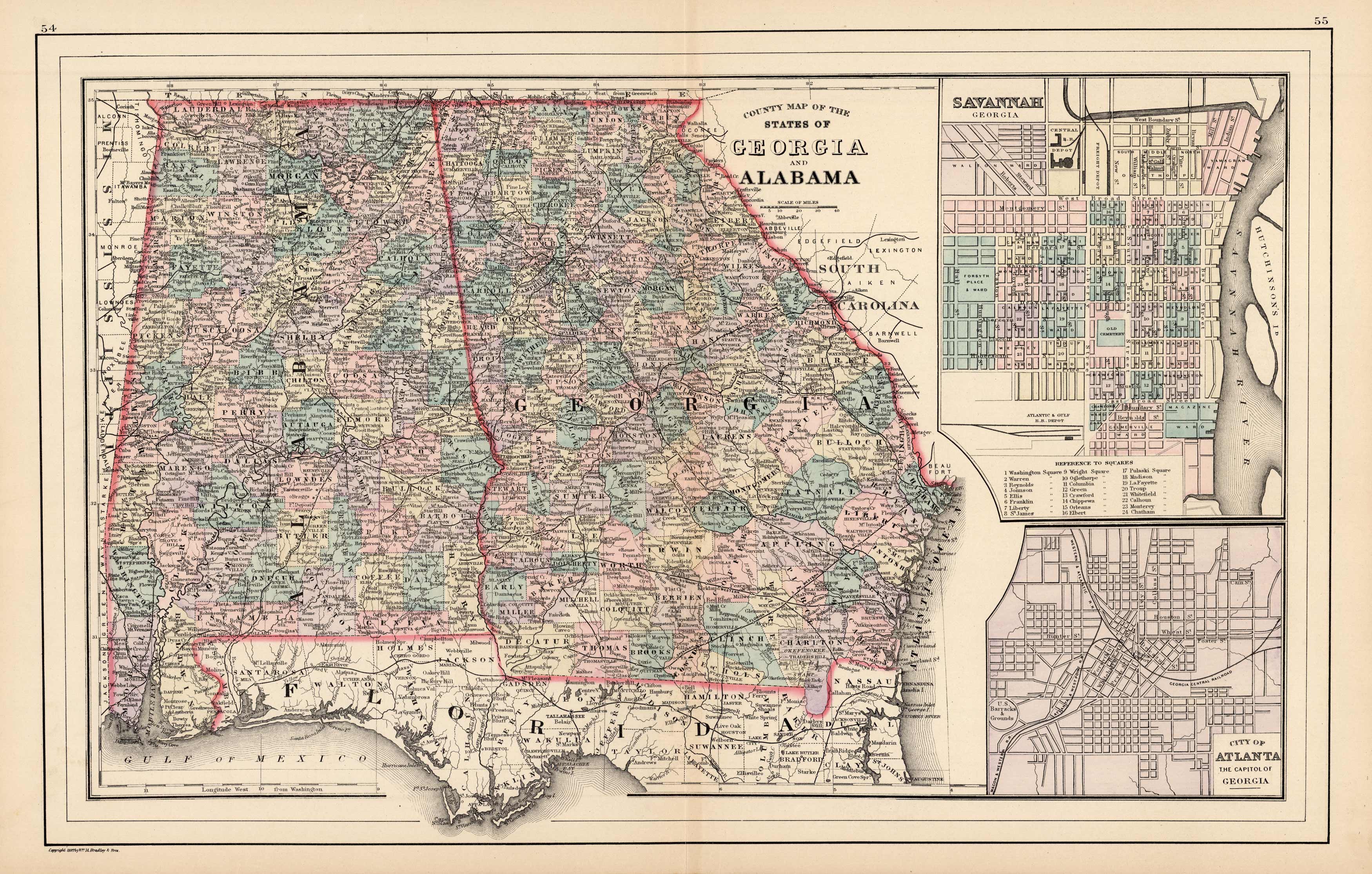 County Map of the States of Georgia and Alabama (with inset maps of Savannah and Atlanta)