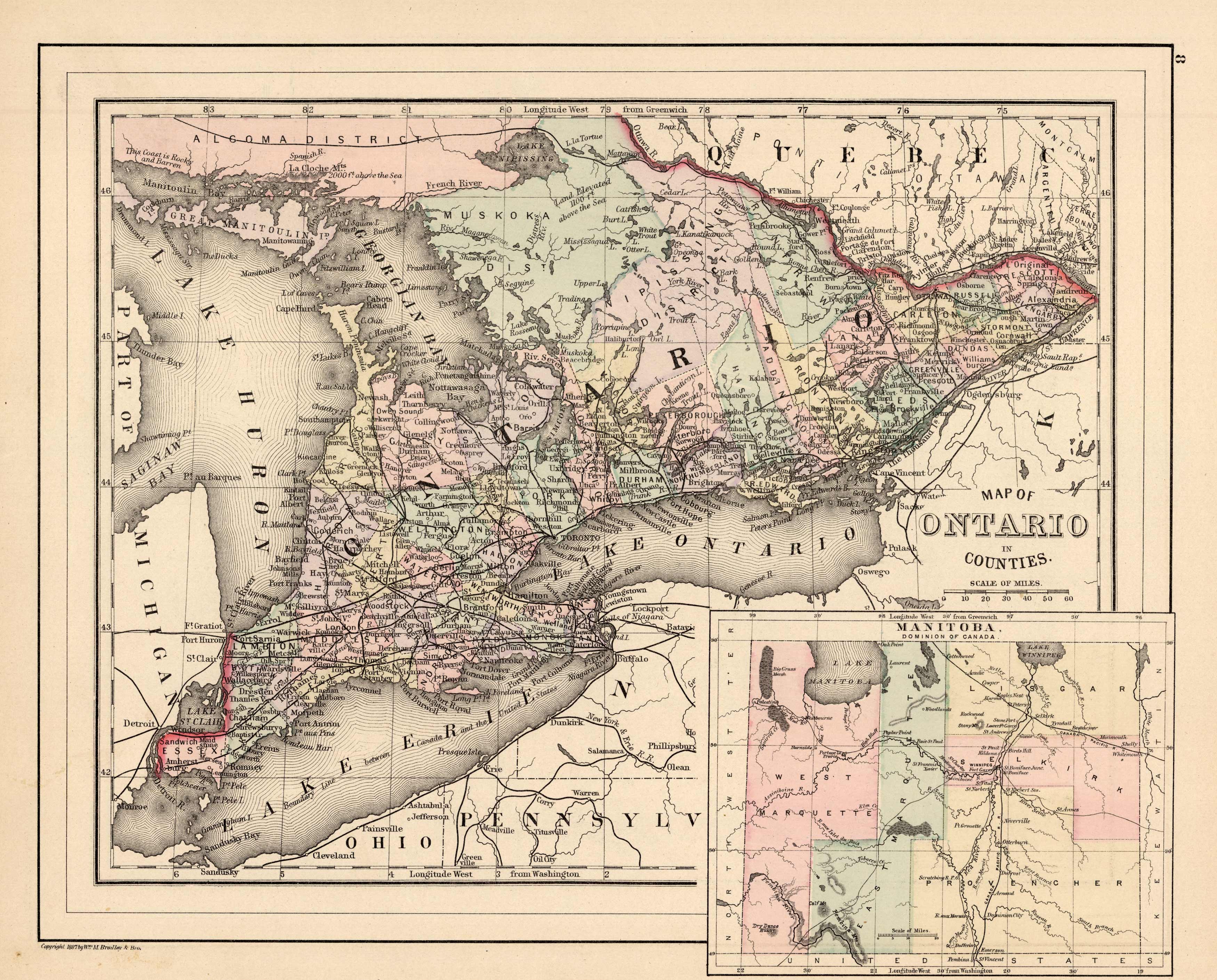 Map of Ontario in Counties (with an inset map of Manitoba