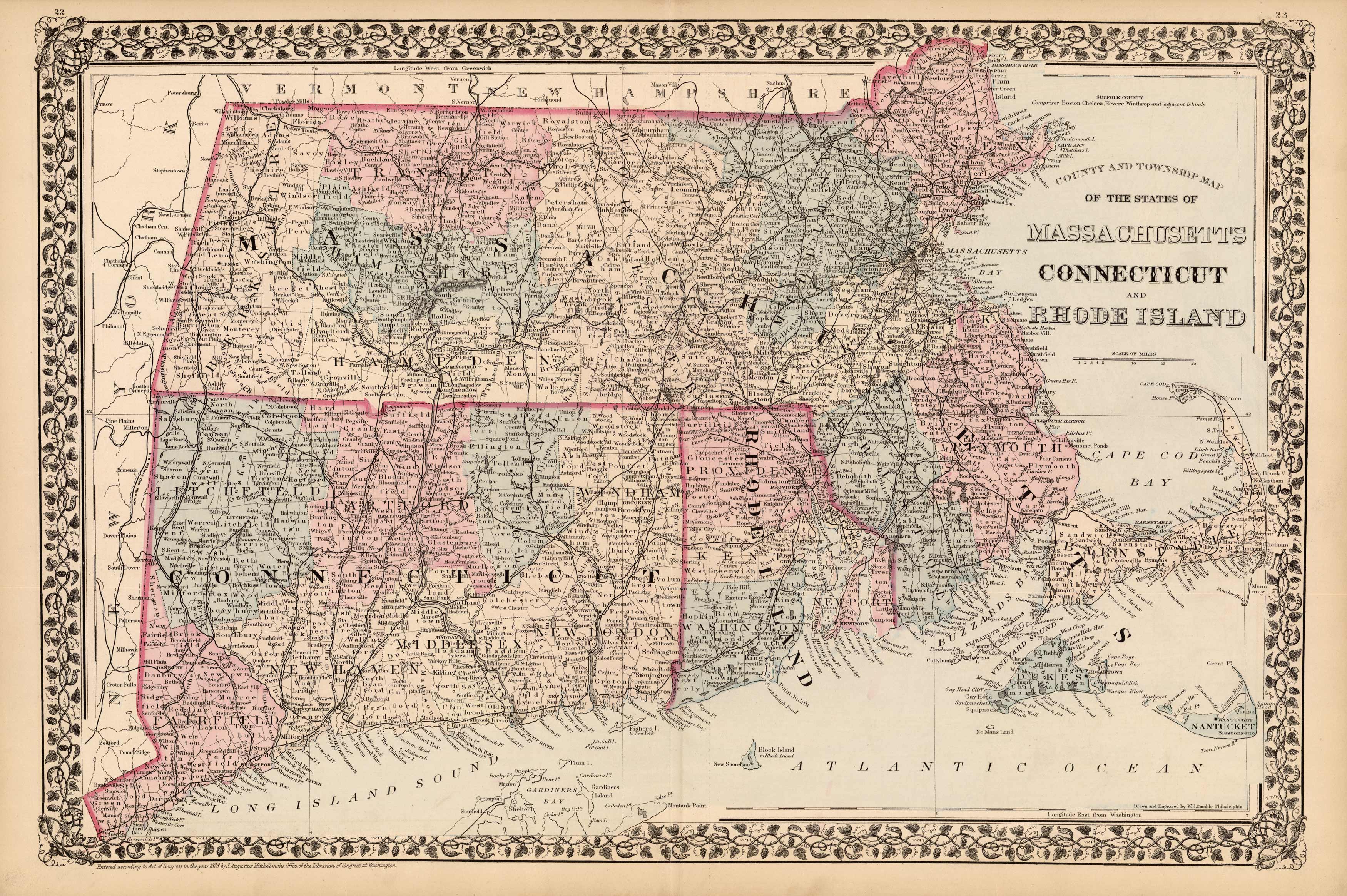 County & Township Map of the States of Massachusetts Connecticut and Rhode Island