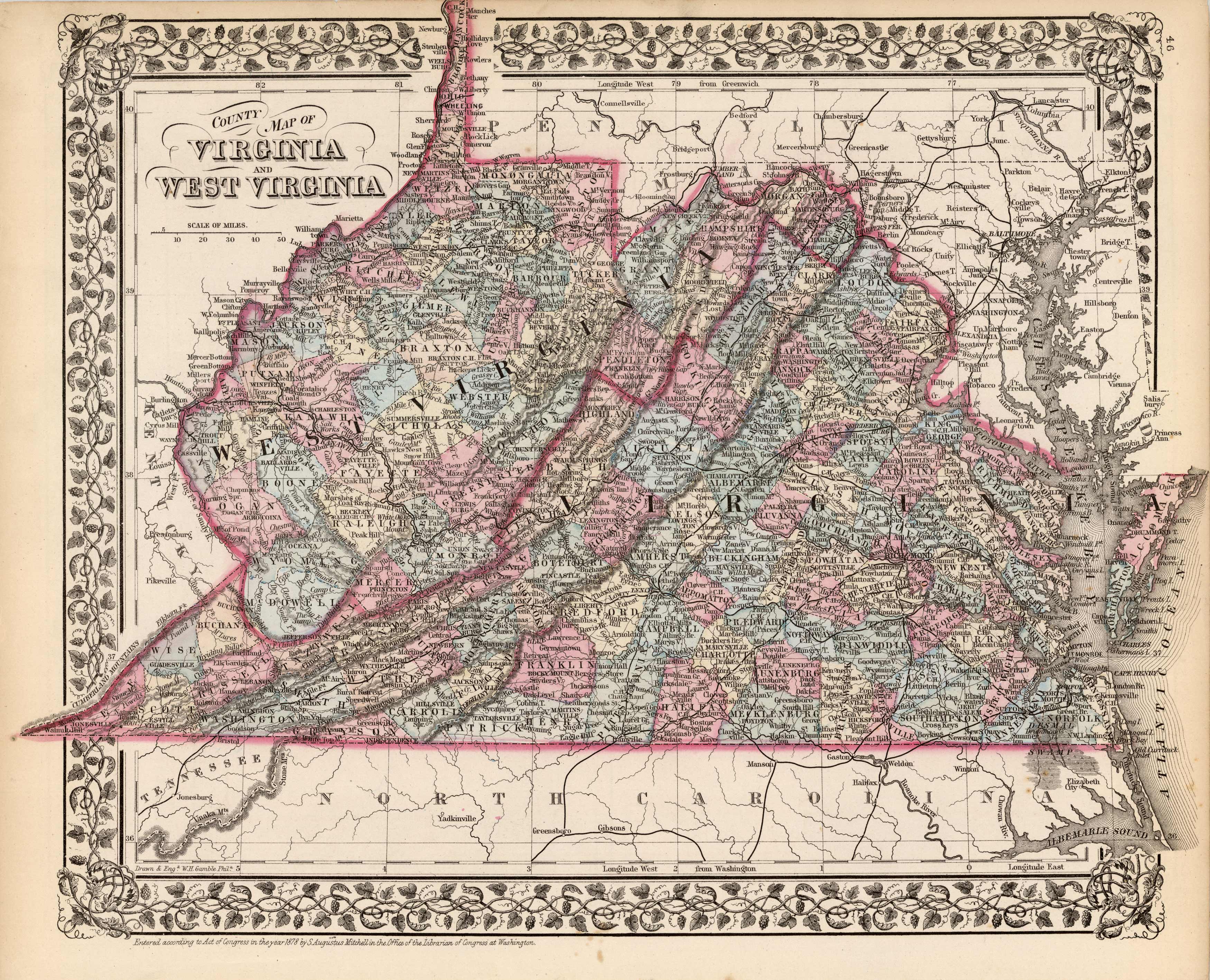 County Map of Virginia and West Virginia