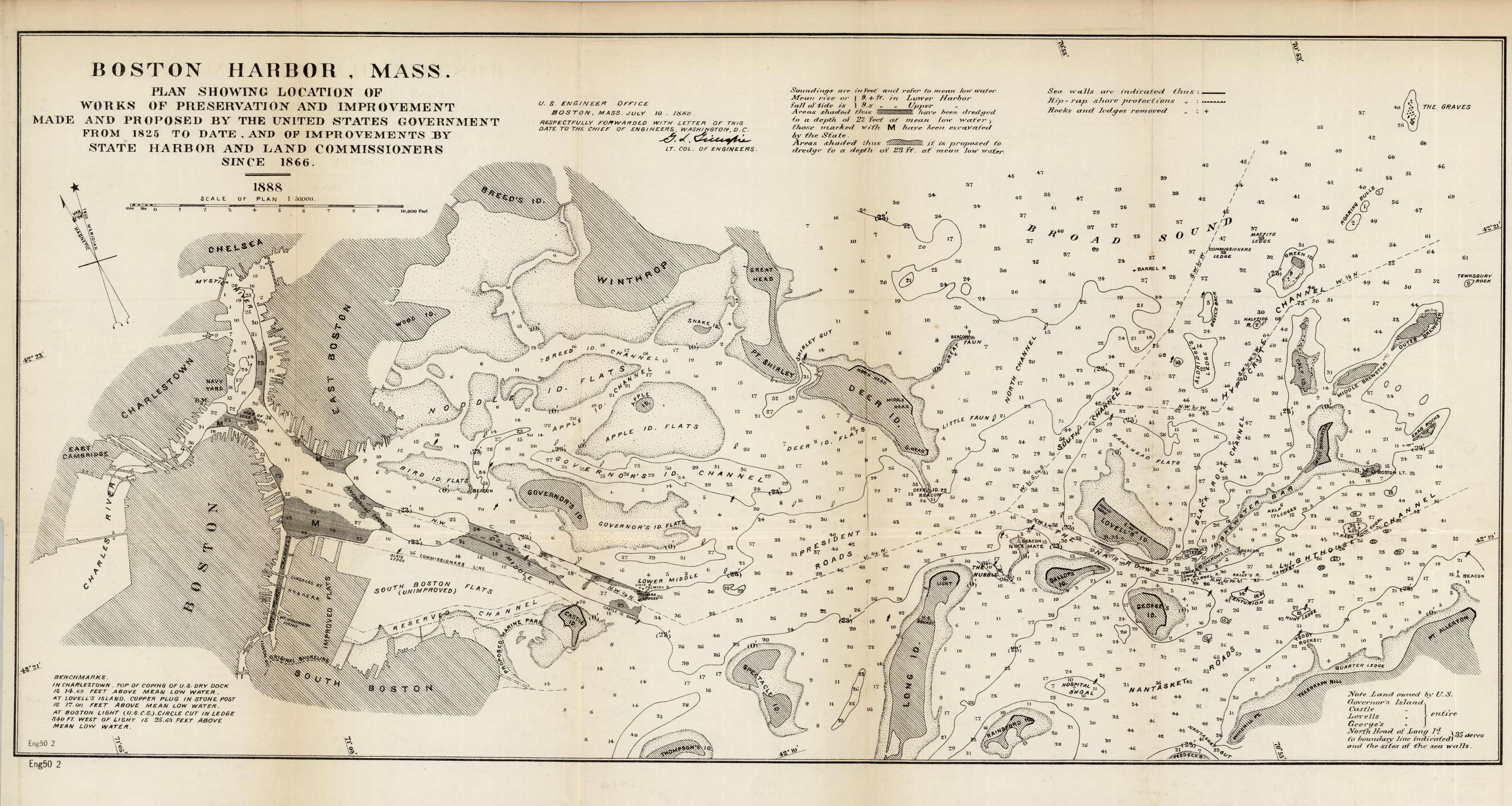 Boston Harbor Mass. Plan Showing Location of Works and Preservation and Improvement Made and Proposed by the United States Government from 1825 to date