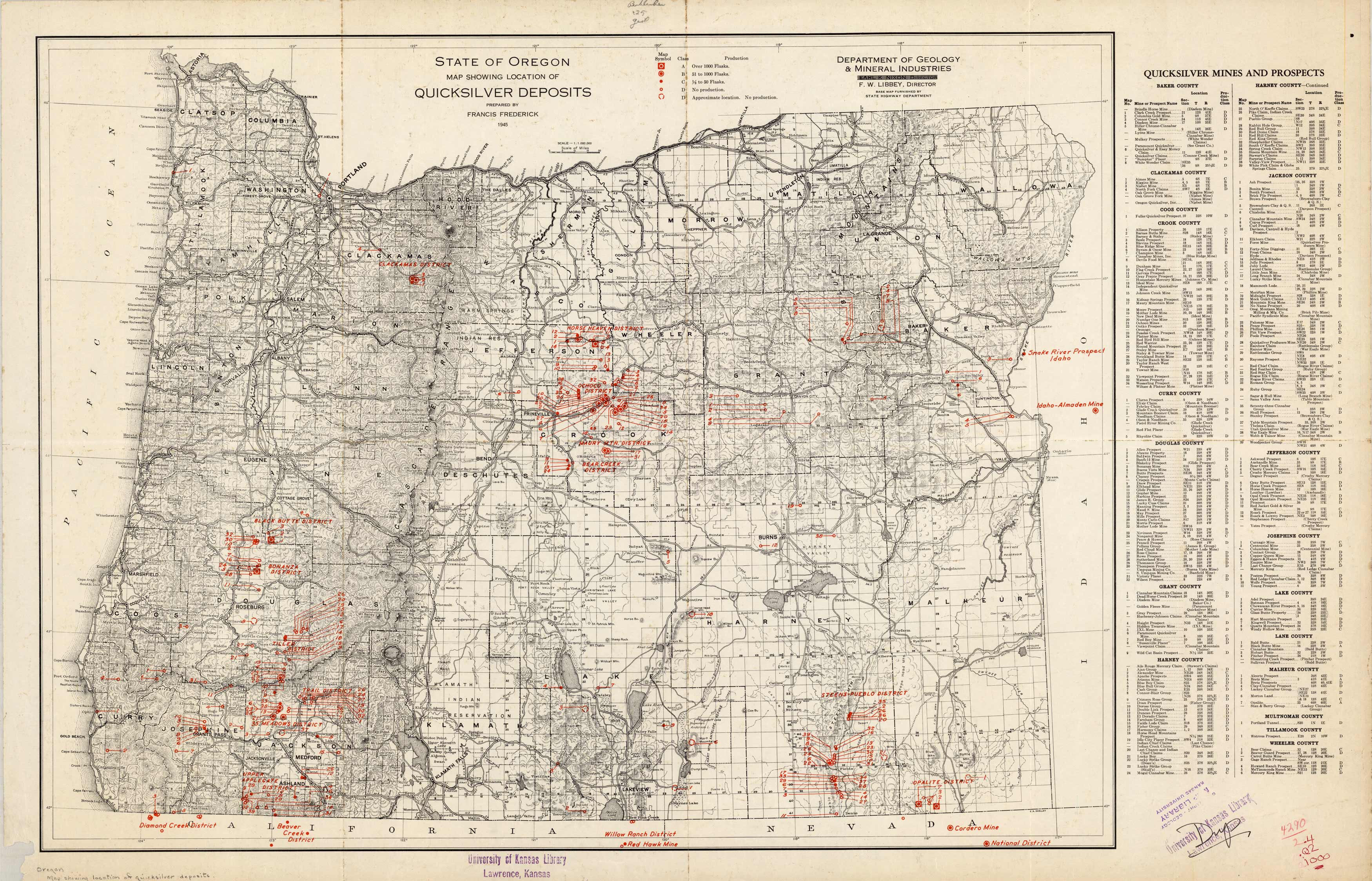 State of Oregon Map Showing Location of Quicksilver Deposits