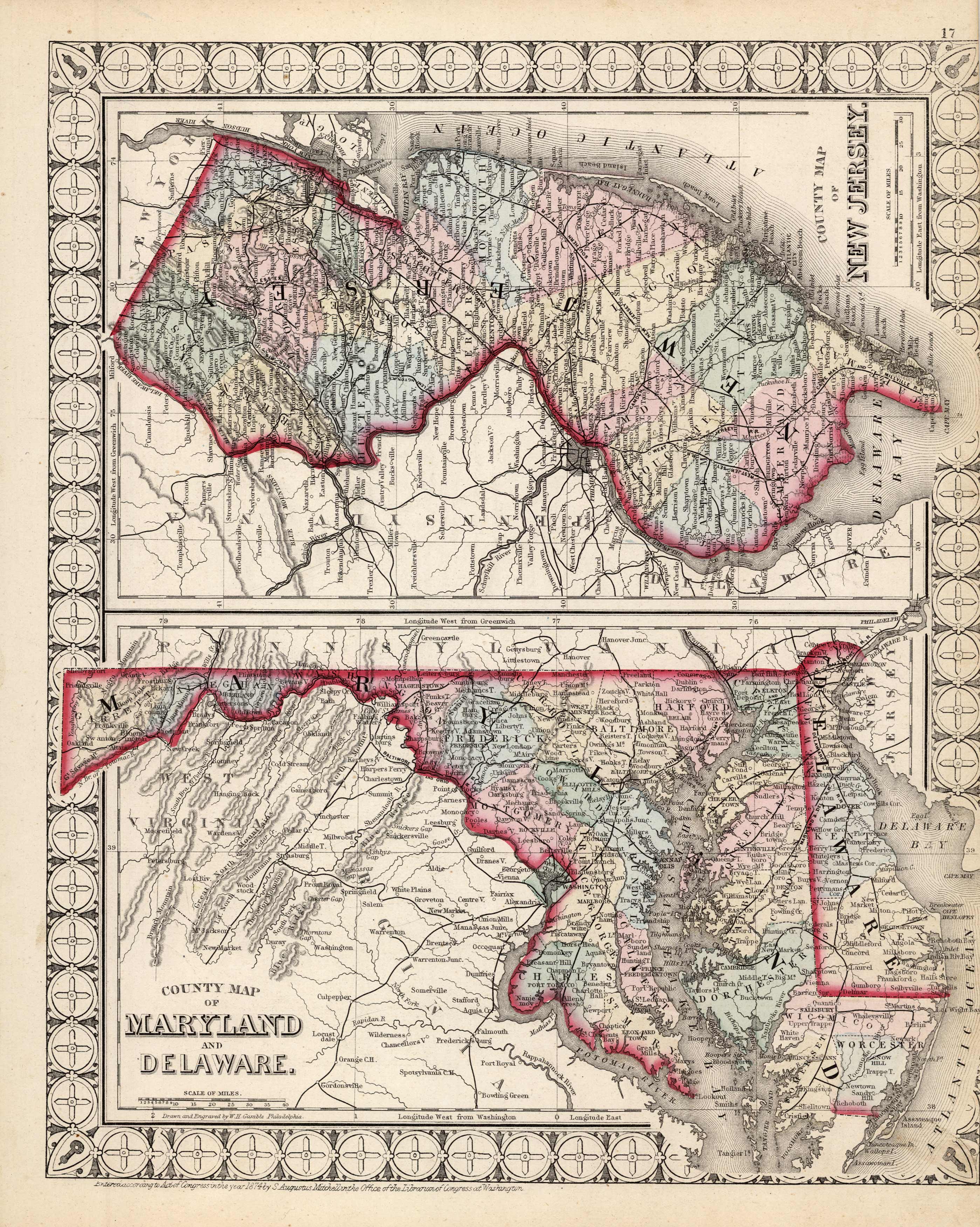 County Map of Maryland and Delaware. County Map of New Jersey.