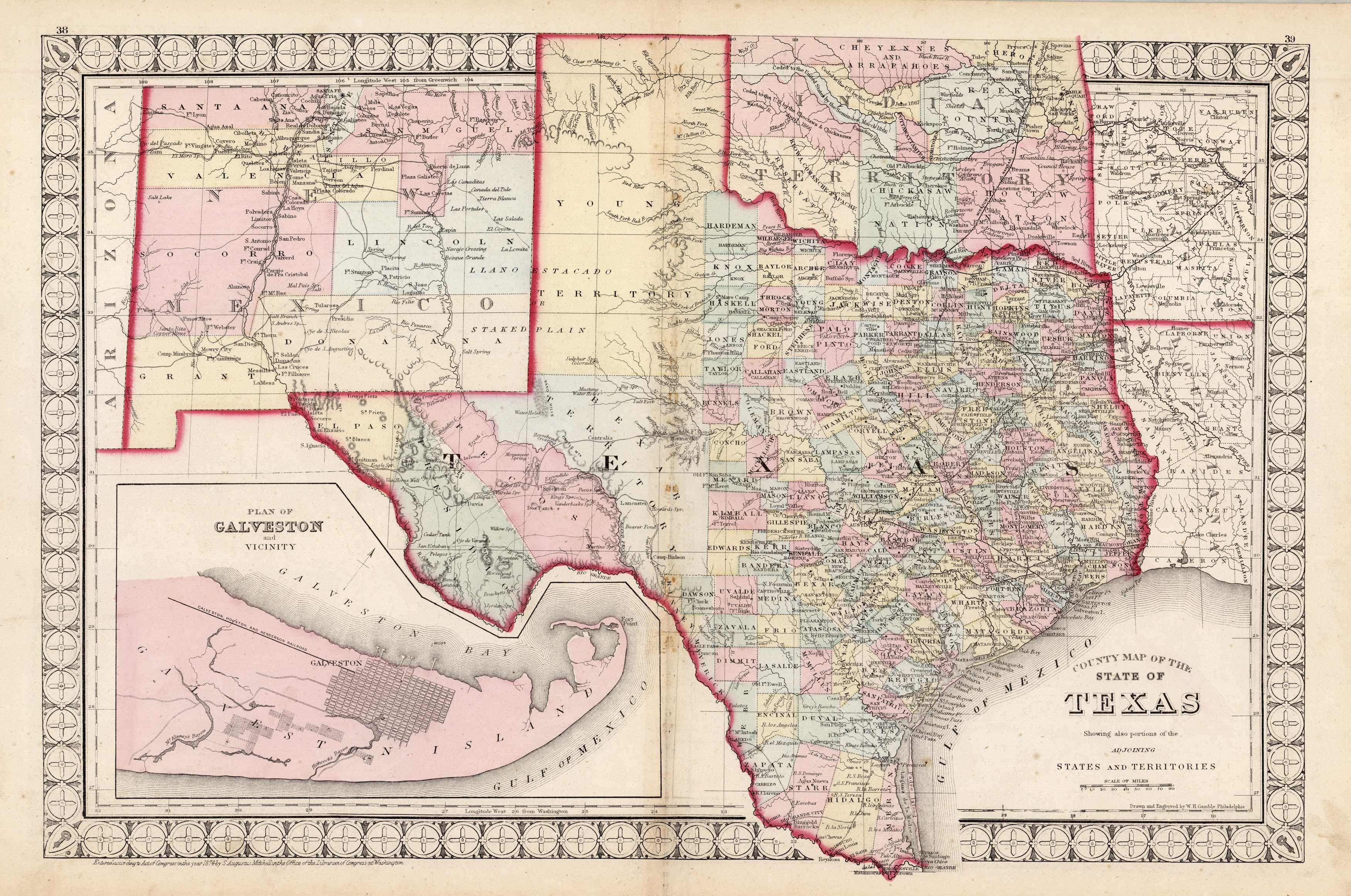 County Map of the State of Texas Showing also portions of the adjoining States and Territories (with an inset map of the Plan of Galveston and Vicinity) County Map of the State of Texas Showing also portions of the adjoining States and Territories (with an inset map of the Plan of Galveston and Vicinity)